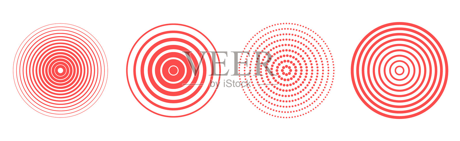 一组不同的红色同心圆矢量图标，独立于透明背景。插画图片素材