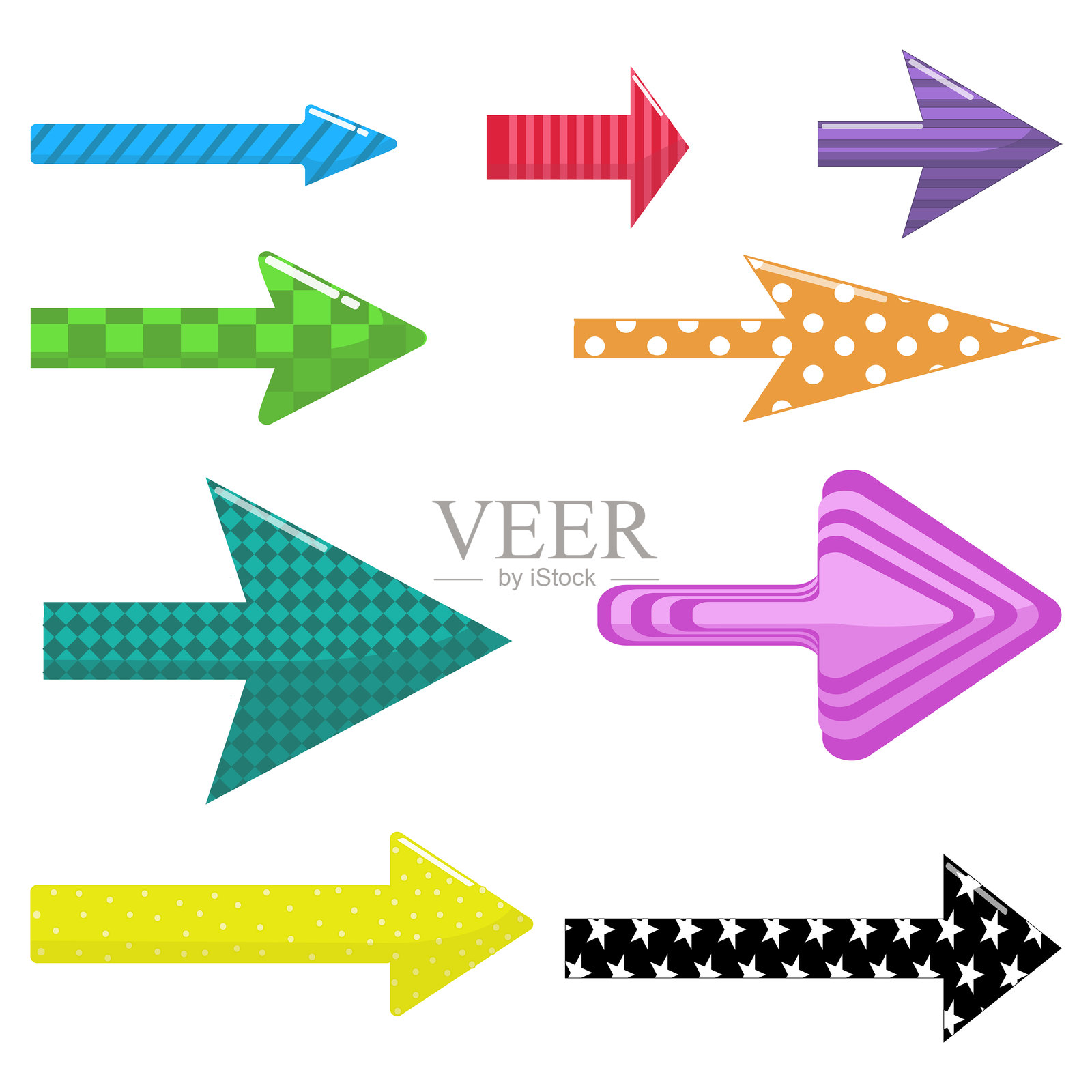 多彩箭头，亮色箭头，波点，条纹，星星，箭头，棋盘格，斜线，图形元素插画图片素材