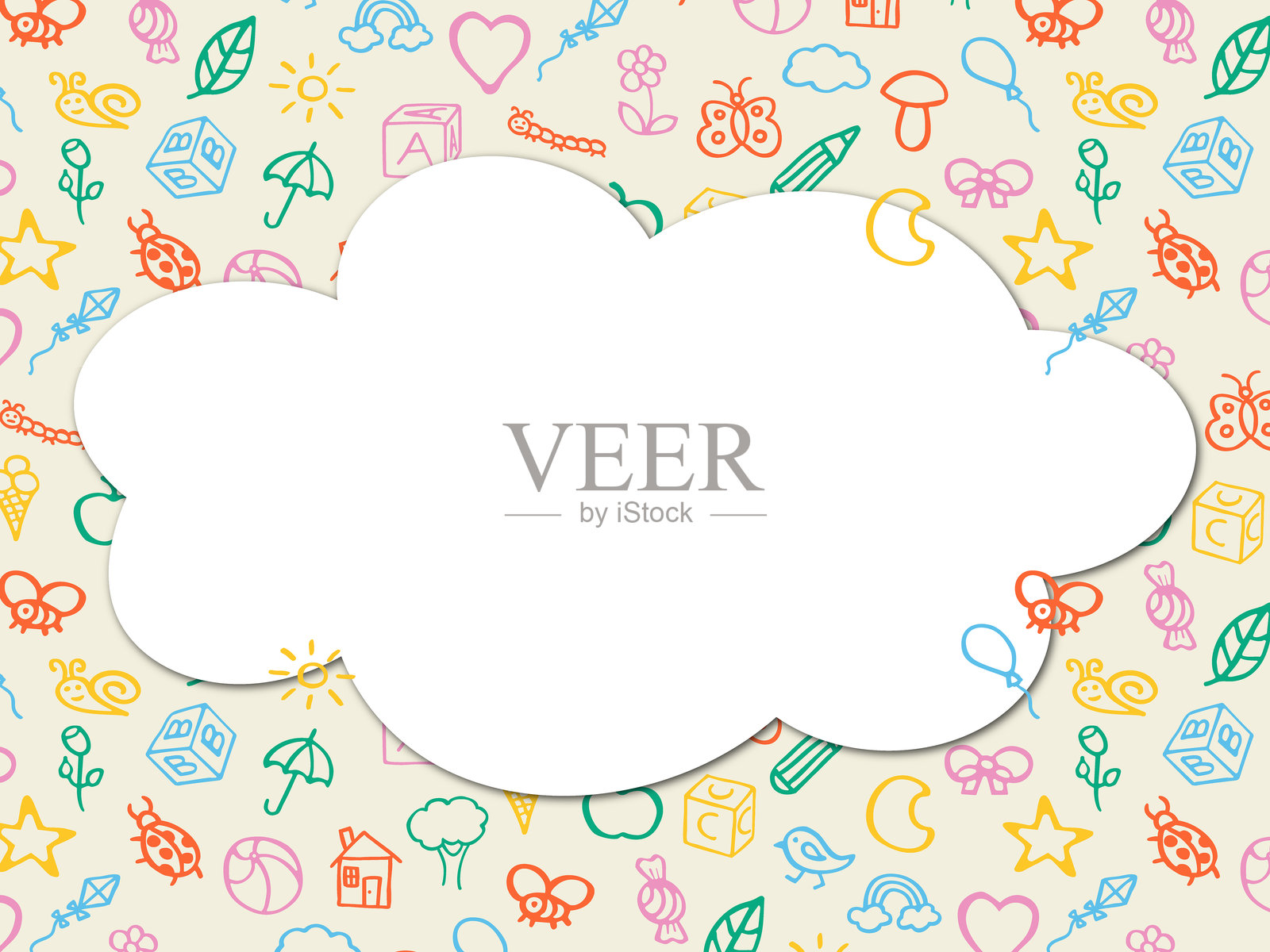 有趣可爱的儿童图案框架，色彩丰富的贴纸和图标。手绘涂鸦风格的儿童元素。儿童绘画风格设计元素。文本框插画图片素材