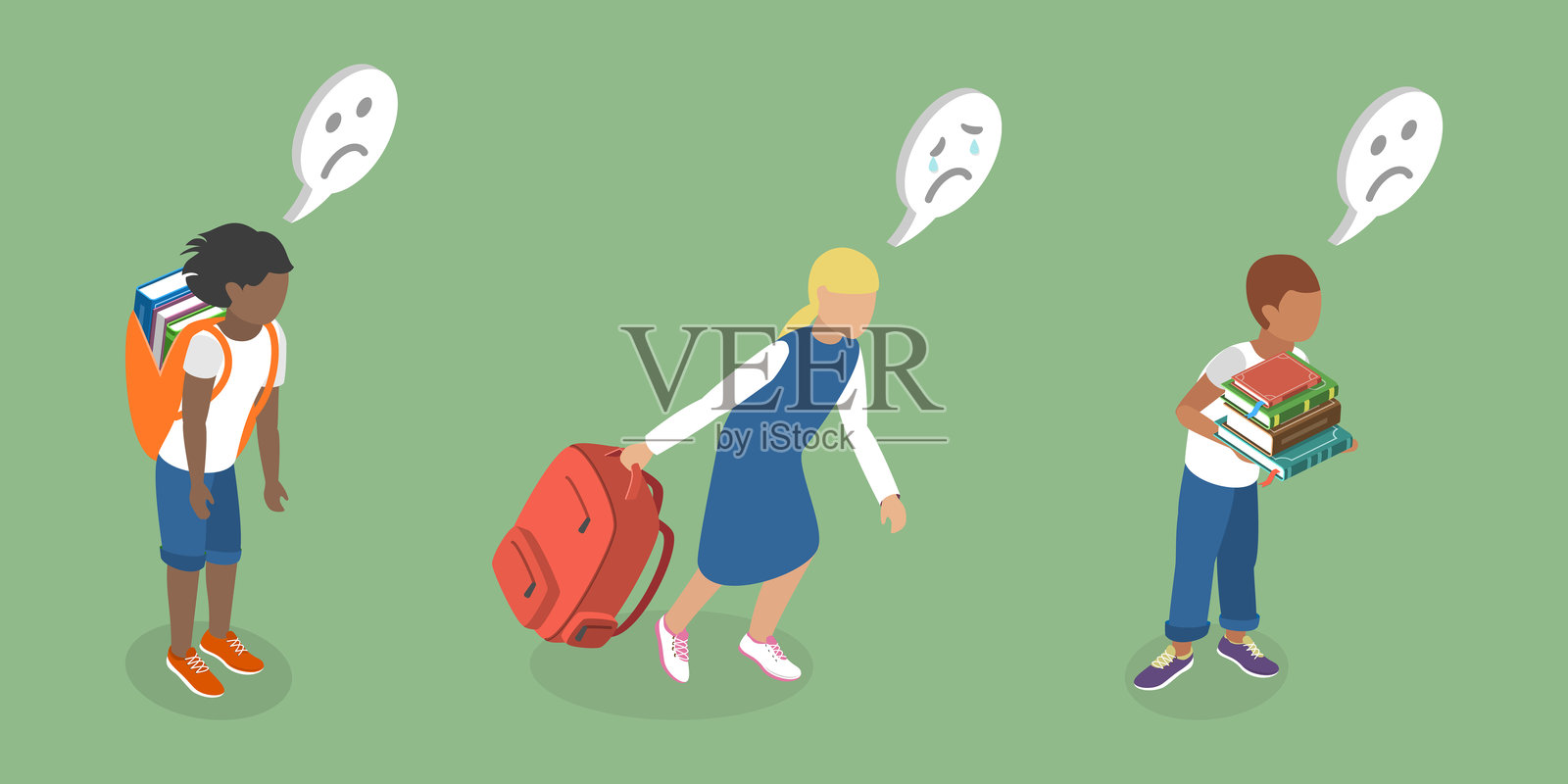 疲惫的学生们的3D等距平面矢量插图插画图片素材