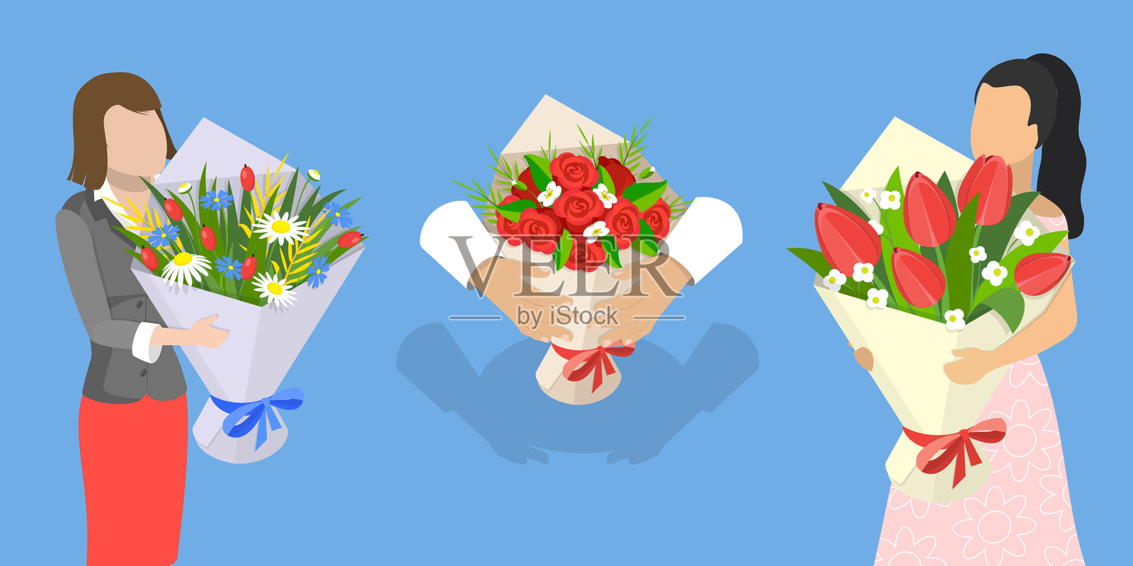 浪漫花卉礼物的3D等距平面矢量插图插画图片素材