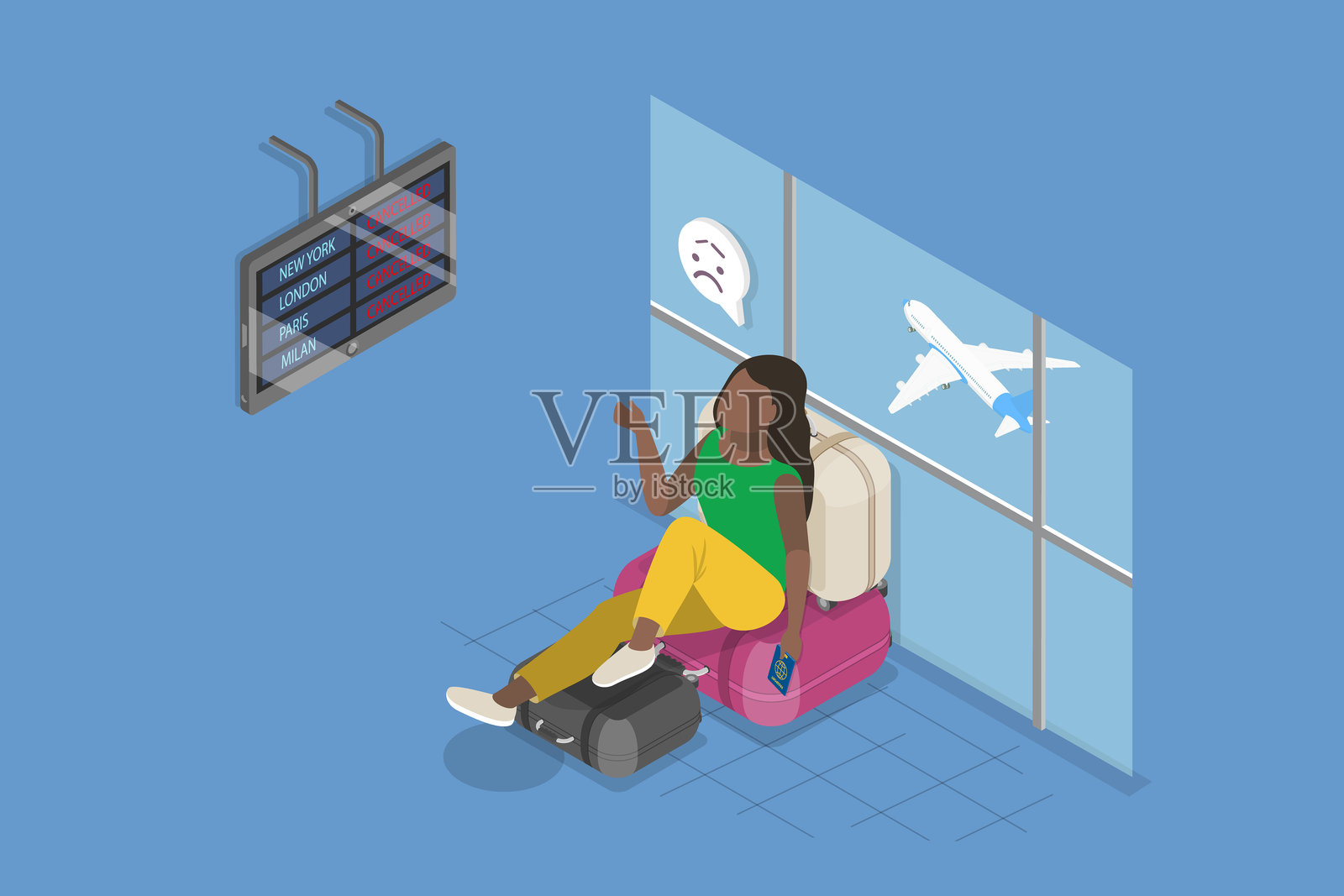 航班取消的3D等距平面矢量插图插画图片素材