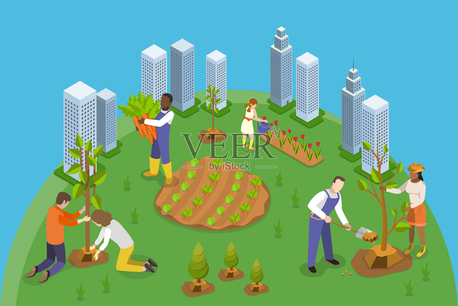 生态志愿者的3D等距平面矢量插图插画图片素材