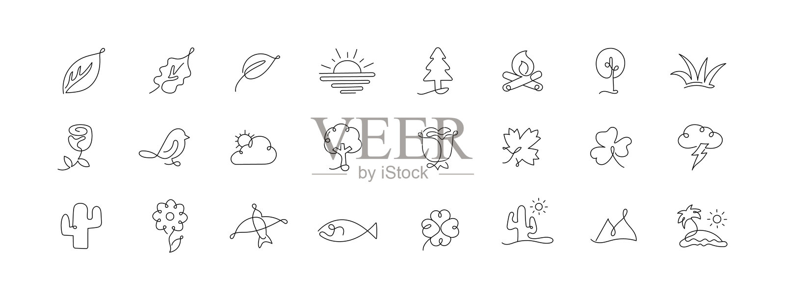 自定义自然和风景线条图标。山脉、树木、太阳、水和户外景观。可编辑的单线风格图标。插画图片素材