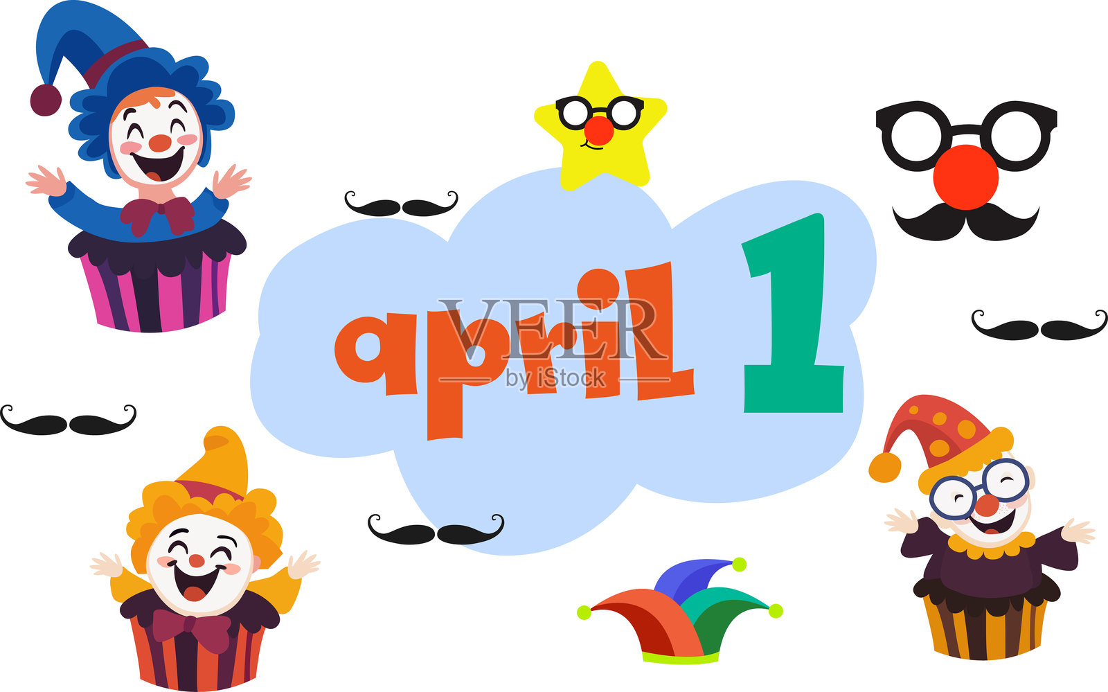 五彩缤纷的四月一日文字，周围环绕着小丑、星星、眼镜和胡须图案，营造出有趣的愚人节设计。插画图片素材