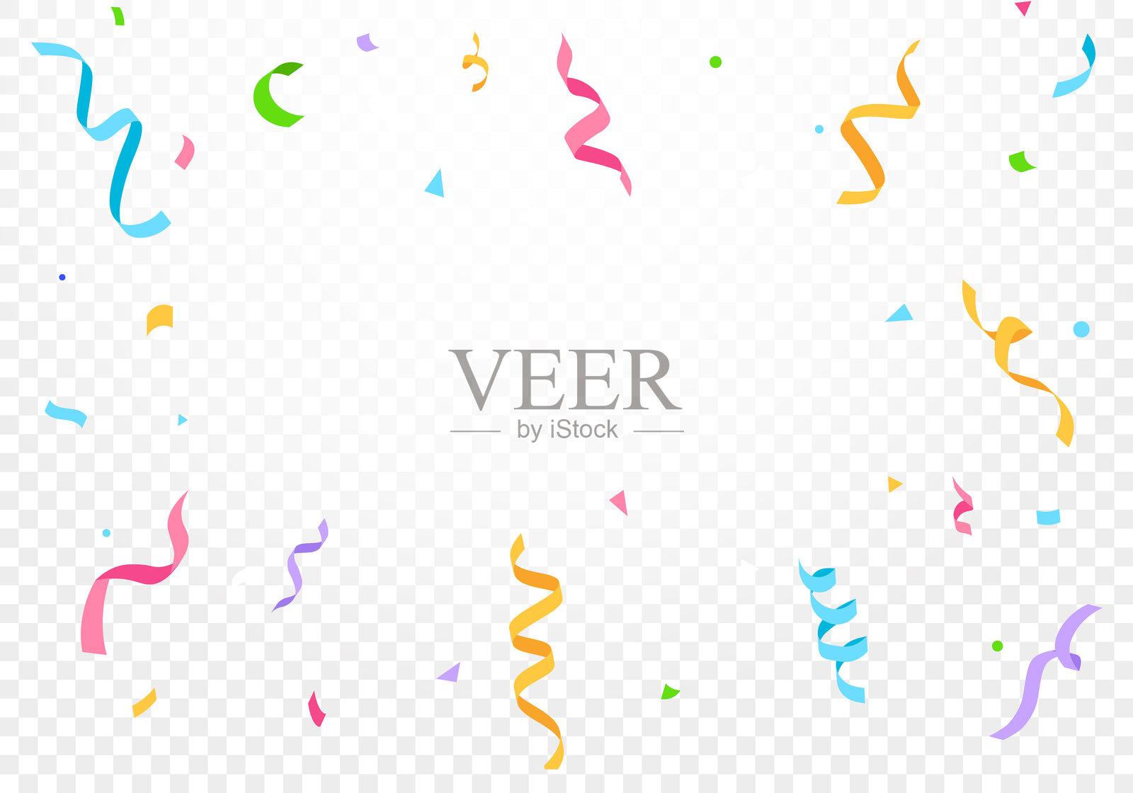 节日彩带和五彩纸屑边框，透明背景，适用于庆祝活动和事件。庆祝狂欢节的彩带、五彩纸屑、节日、生日。插画图片素材