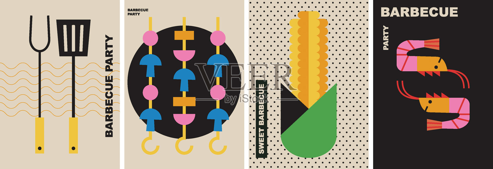 烧烤。简单的烧烤矢量插图。烧烤、烤架、玉米、虾的烹饪设备。插画图片素材