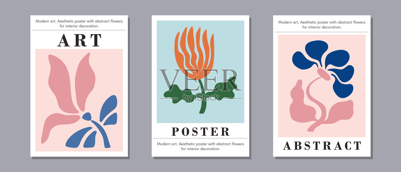 抽象花卉，海报套装。室内画作。色彩缤纷的花卉插图。插画图片素材