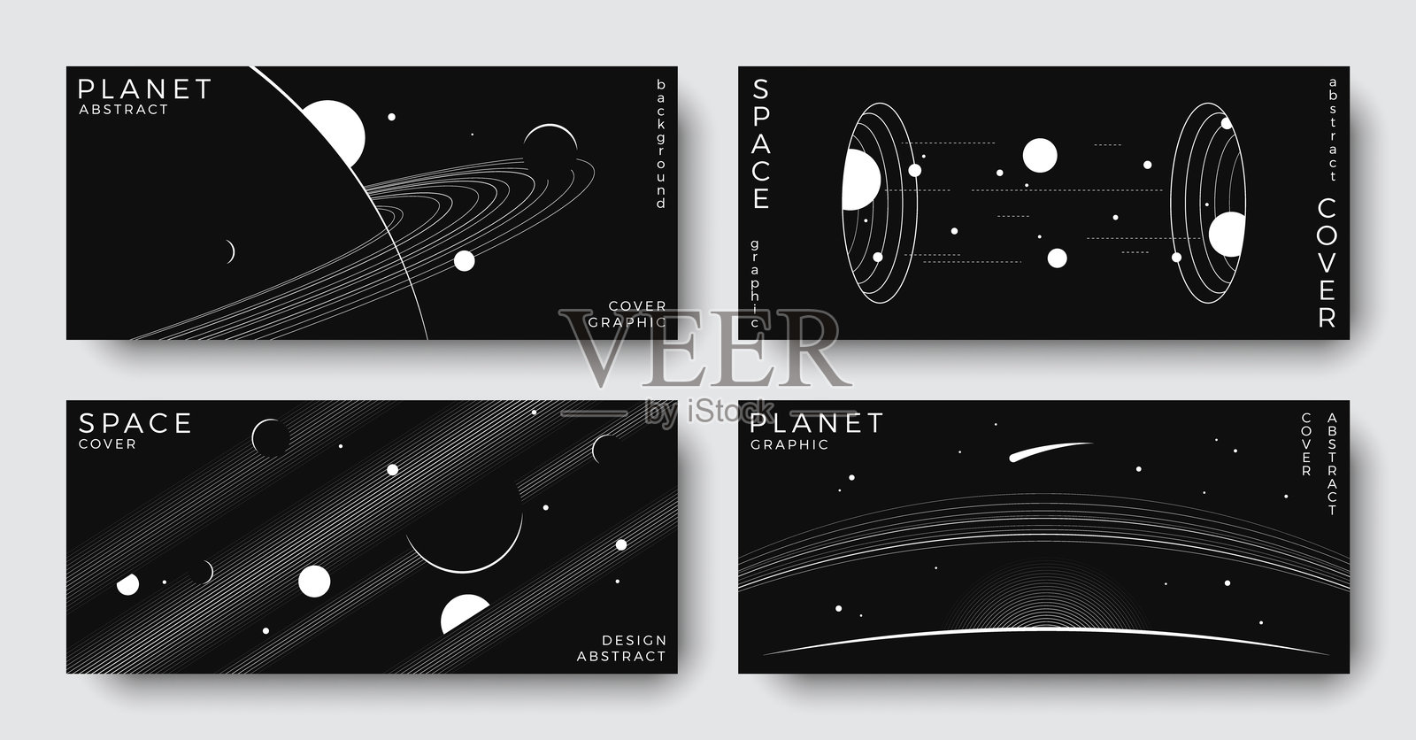 一组抽象的太空天文学横向背景。线条艺术的银河、宇宙、行星、太阳系。科学未来概念。适用于封面、海报、布局、横幅、传单、手册的简约设计。插画图片素材