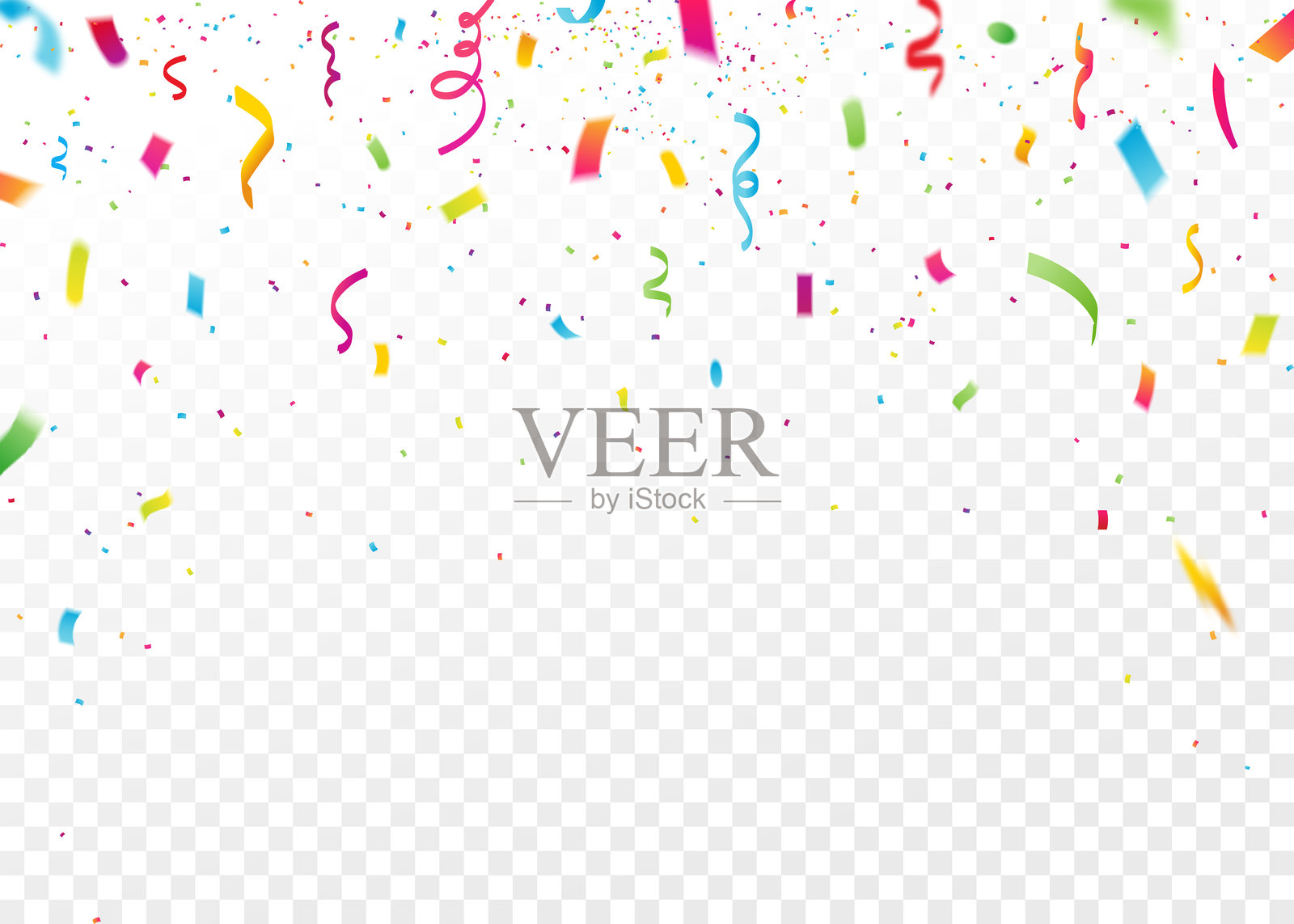 节日五彩缤纷的彩纸屑和丝带在透明背景上飘落，适用于庆祝、派对或节日设计。插画图片素材