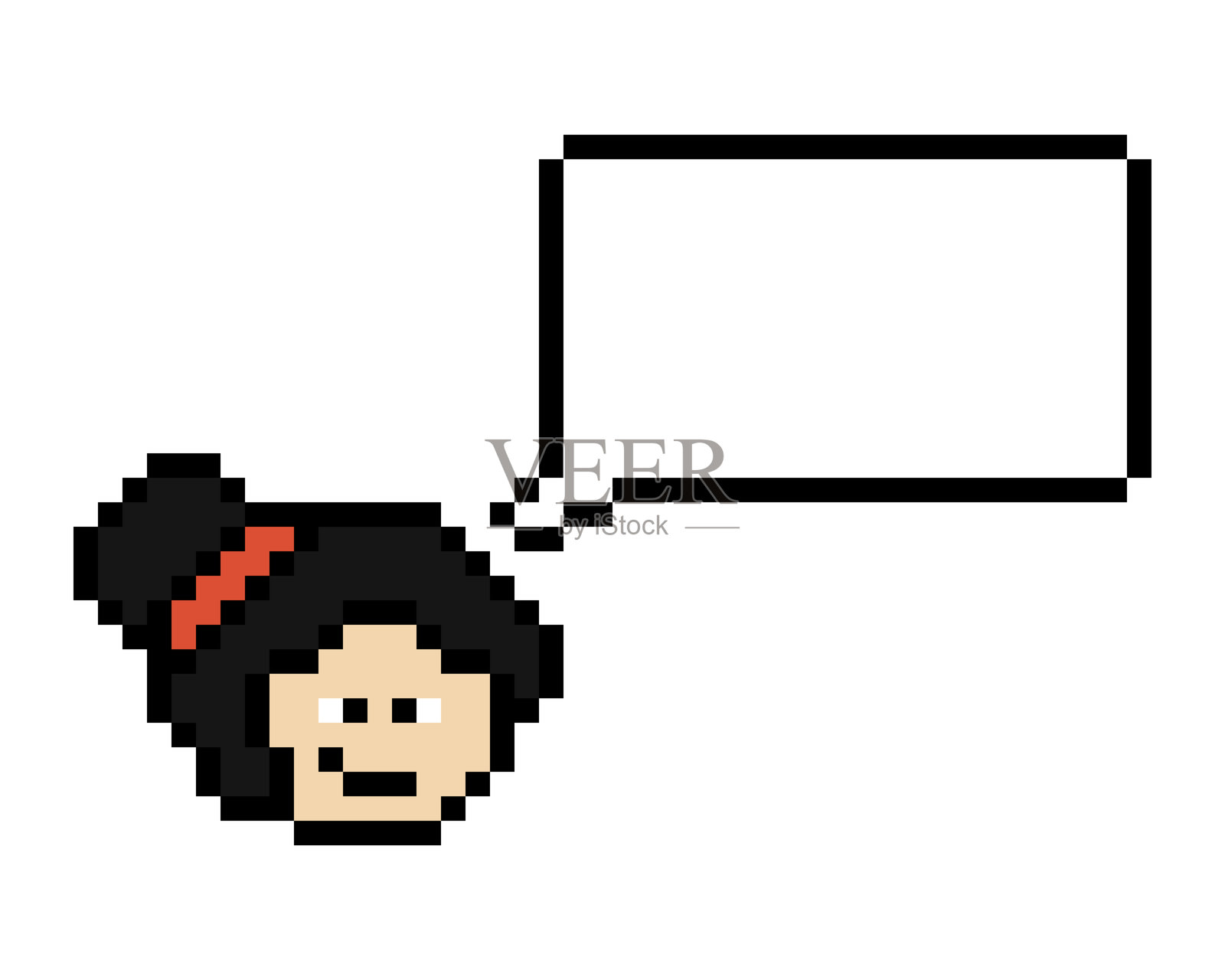 可爱的卡通像素女性角色面孔，带有聊天框装饰，8位女性女孩说话讨论想法，卡通像素游戏8位矢量图。插画图片素材