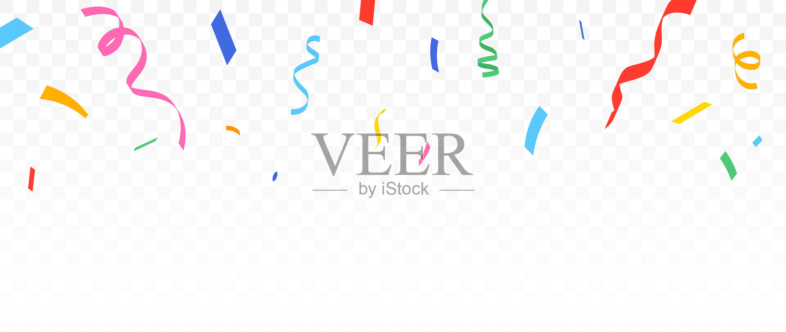 五彩缤纷的彩纸屑和飘带在透明背景上落下，适用于庆祝活动和节日庆典。庆祝嘉年华的丝带、彩纸屑、节日、生日。插画图片素材