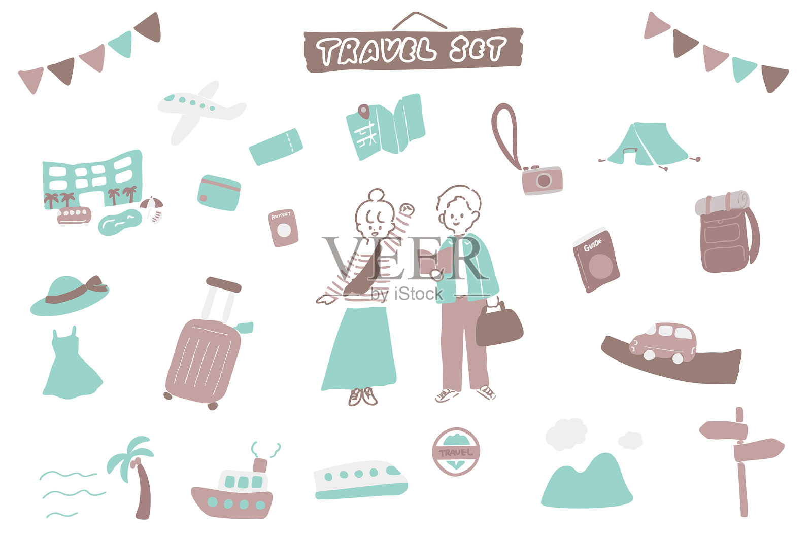 旅行的日本男女插图集及与旅行相关的自然色彩图标插画图片素材