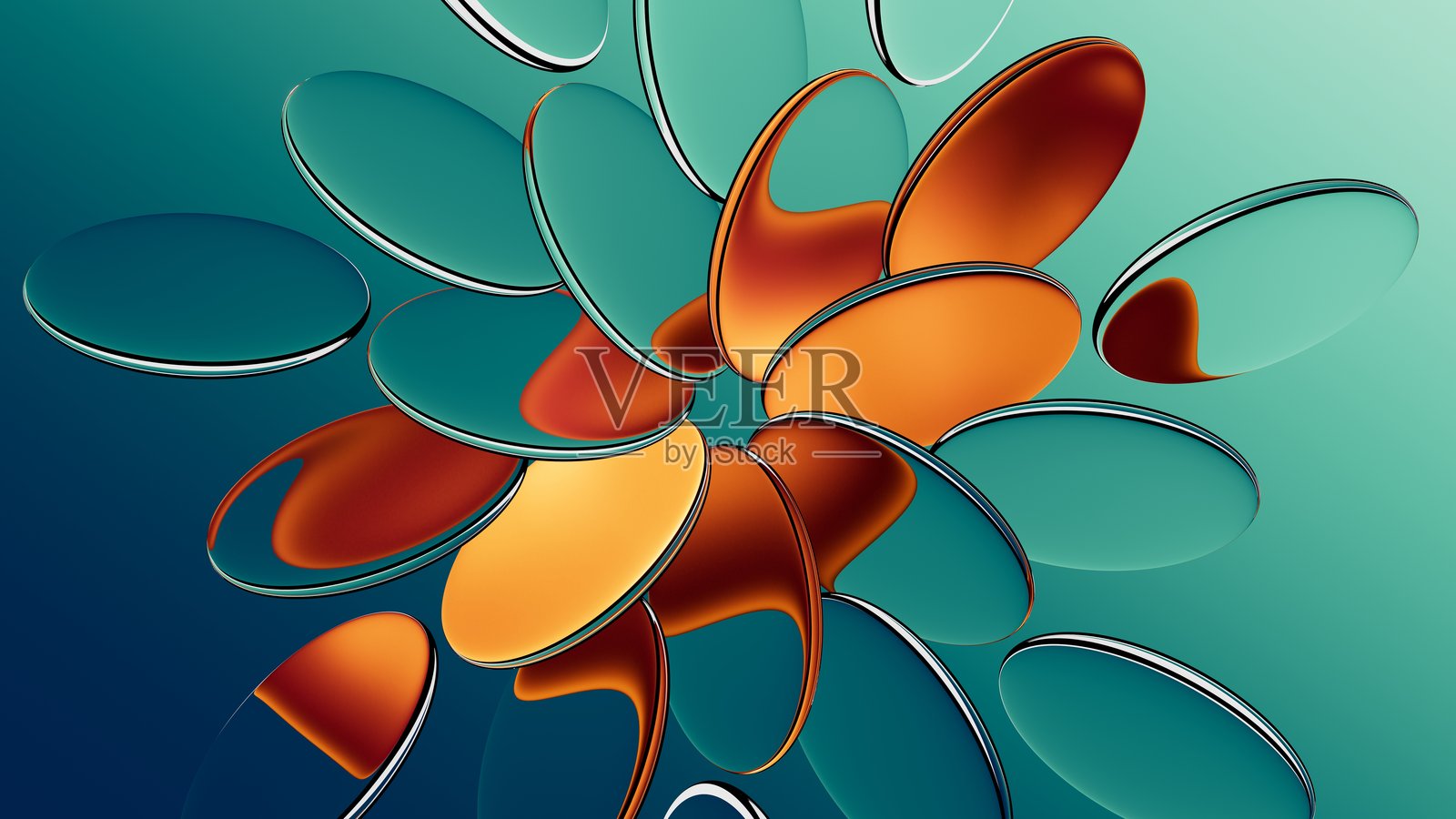 3D渲染。抽象几何背景。散落的椭圆玻璃镜片。透明的椭圆鳞片。照片摄影图片