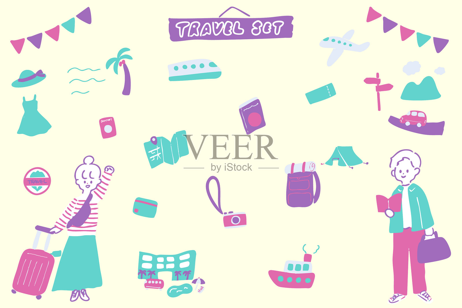 旅行的日本男女插图集及与旅行相关的流行色图标插画图片素材