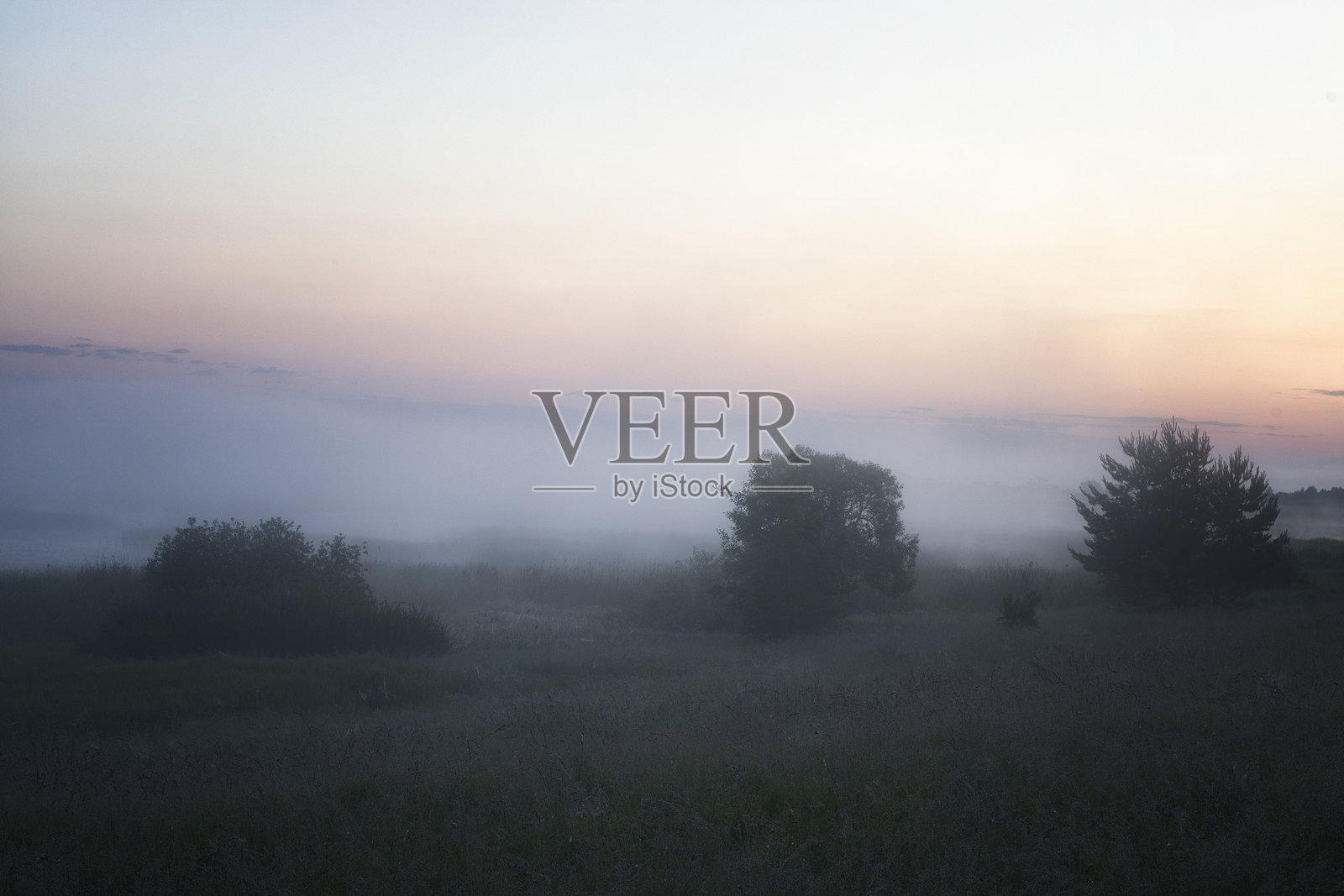 美丽的夏季风景，晨雾在日出中闪烁。照片摄影图片