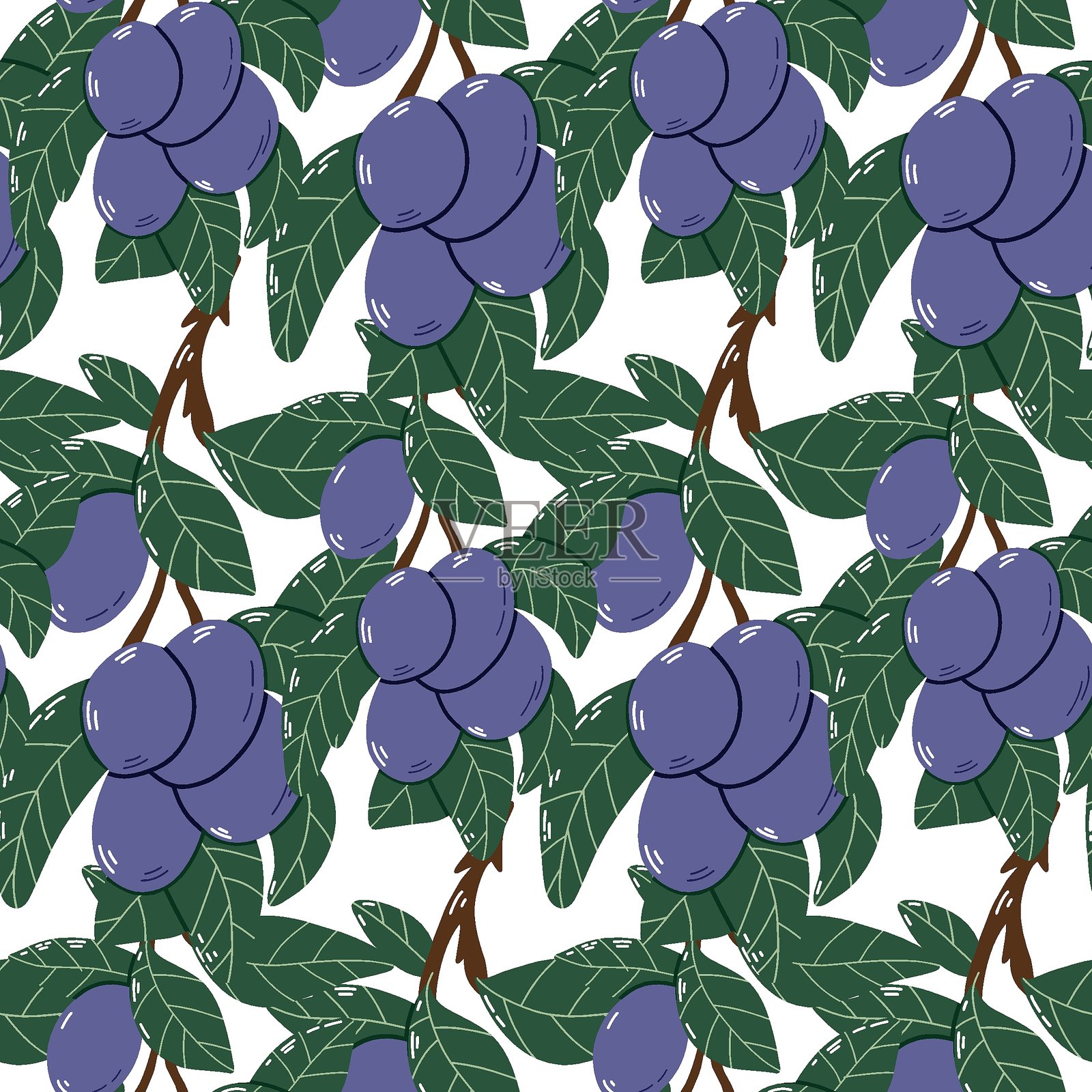 鲜艳紫色水果与绿叶的无缝图案插画图片素材