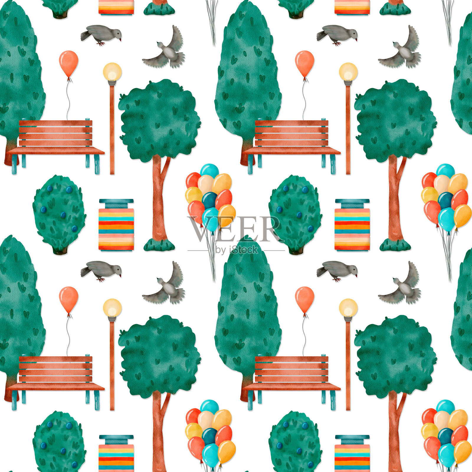 城市公园场景，树木、长椅和欢快的气球插画图片素材