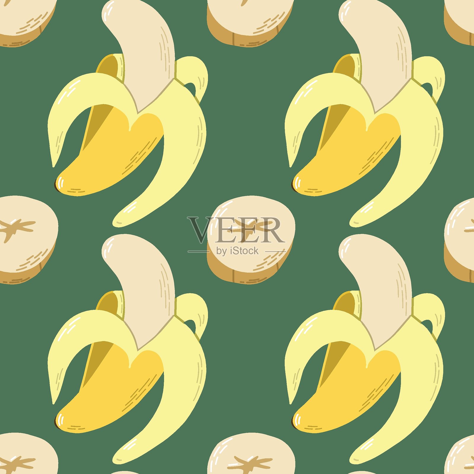 绿色背景上的卡通香蕉和香蕉片无缝图案插画图片素材