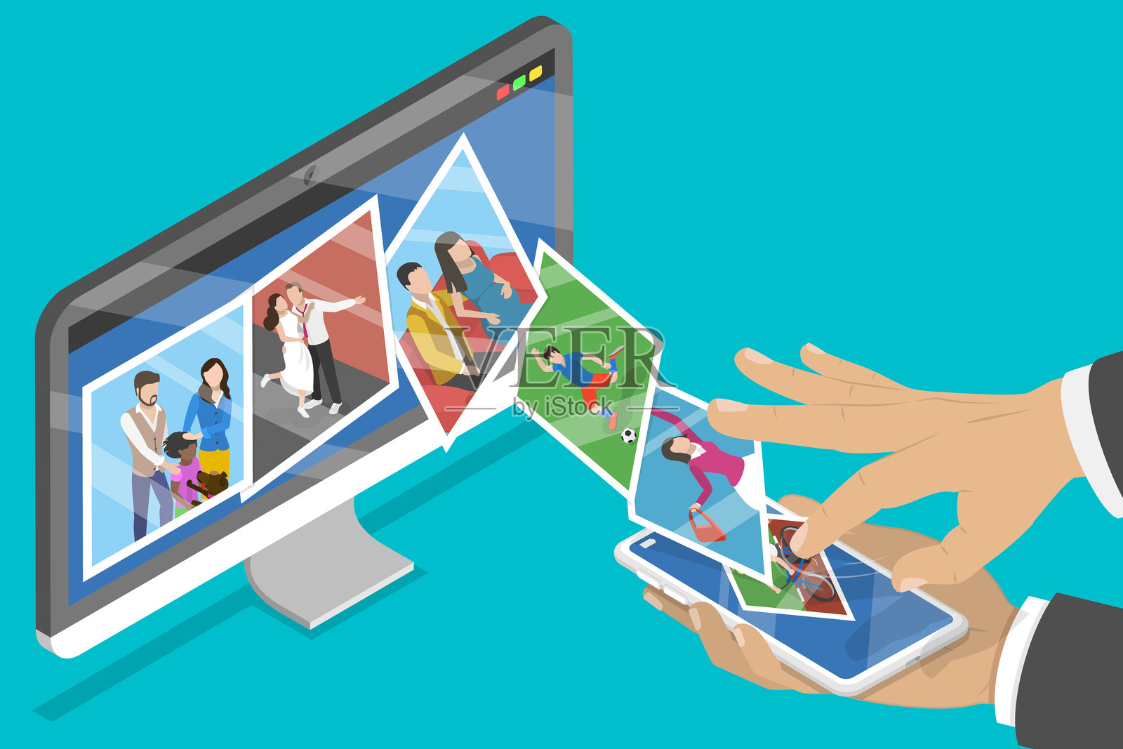 多媒体传输的3D等距平面矢量插图插画图片素材