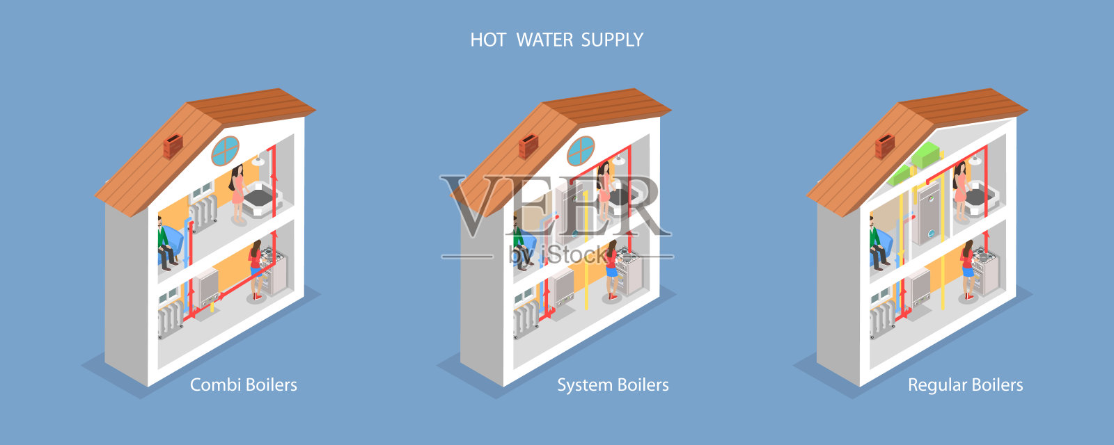 热水供应的3D等距平面矢量插图插画图片素材