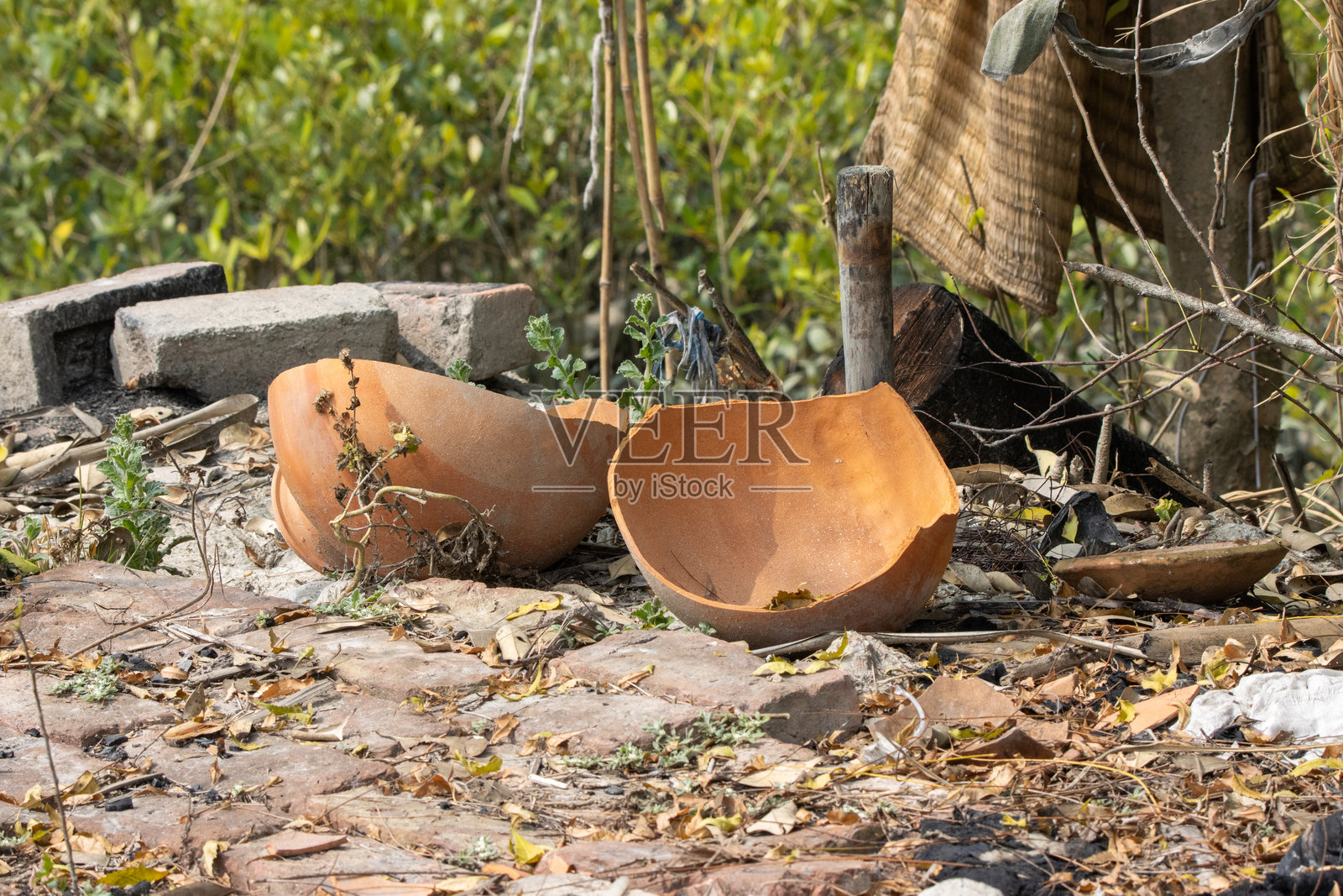 在印度加尔各答附近的桑达班丛林中被丢弃的破碎陶土罐。照片摄影图片
