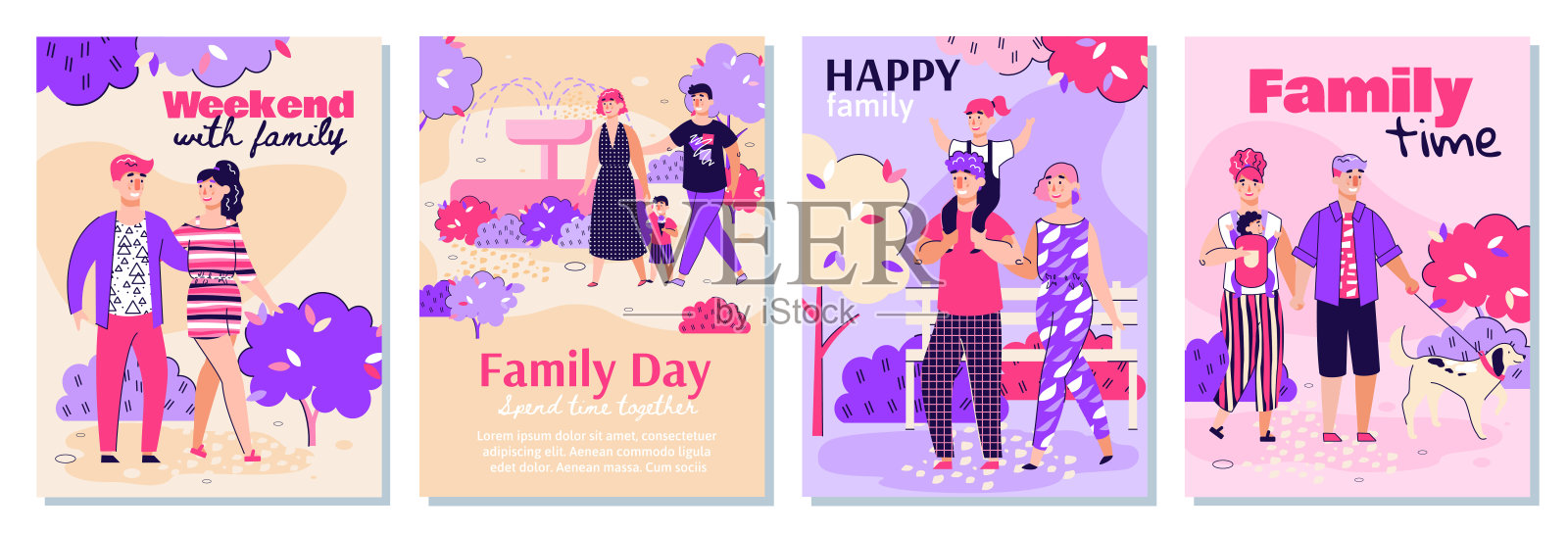 快乐家庭在大自然中散步 - 平面卡通海报系列插画图片素材