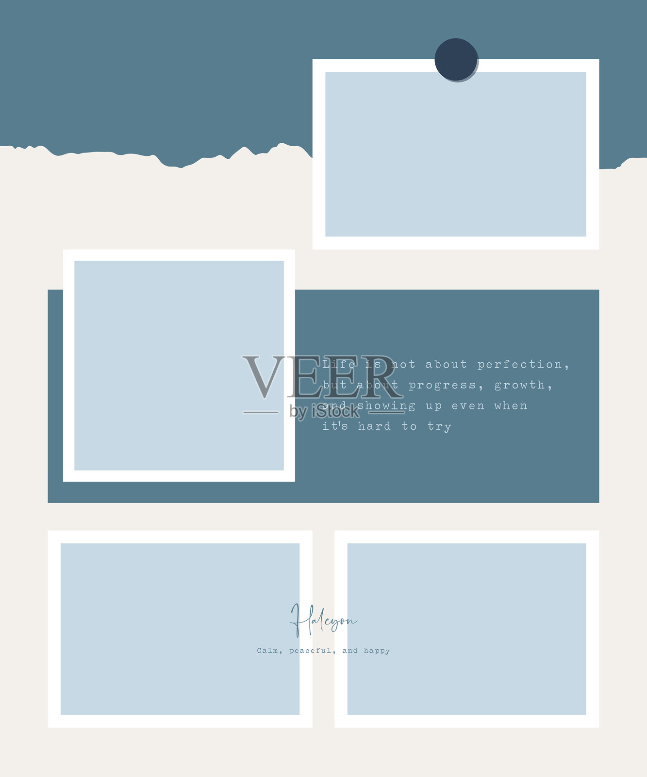 创意的淡蓝色相框，装饰有撕边纸张和名言插画图片素材