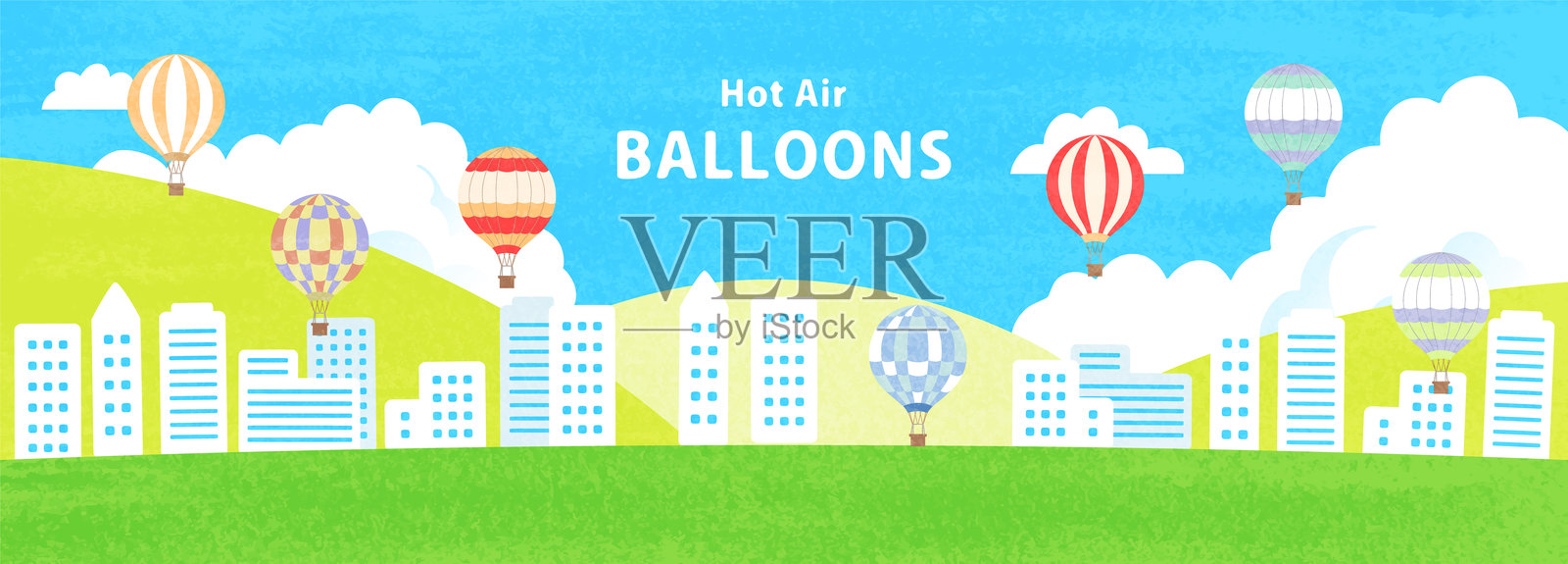 城市景观插图，气球在空中飞舞插画图片素材