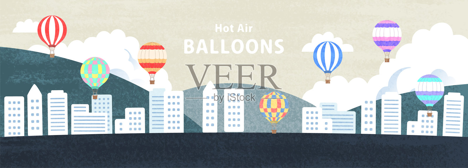 城市景观插图，气球在空中飞舞插画图片素材