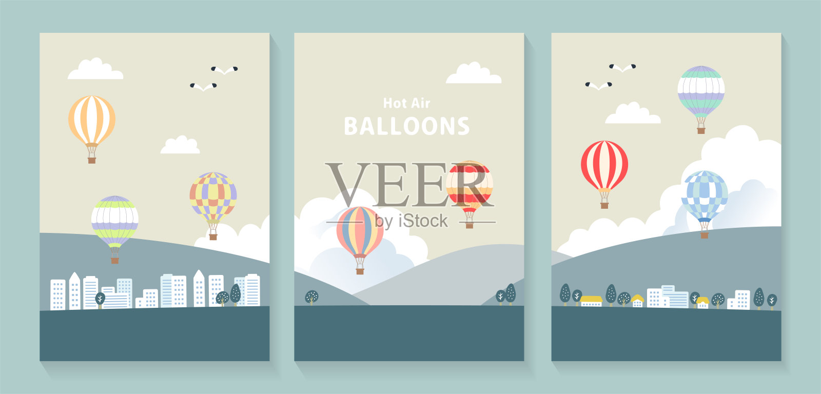 水彩插图描绘了一个城市景观，气球在空中飞舞插画图片素材