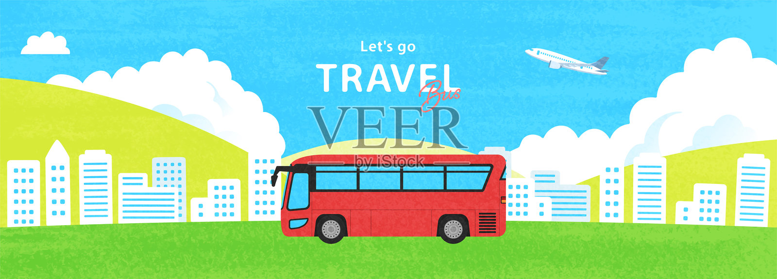 公交车、飞机和城市景观的插图插画图片素材