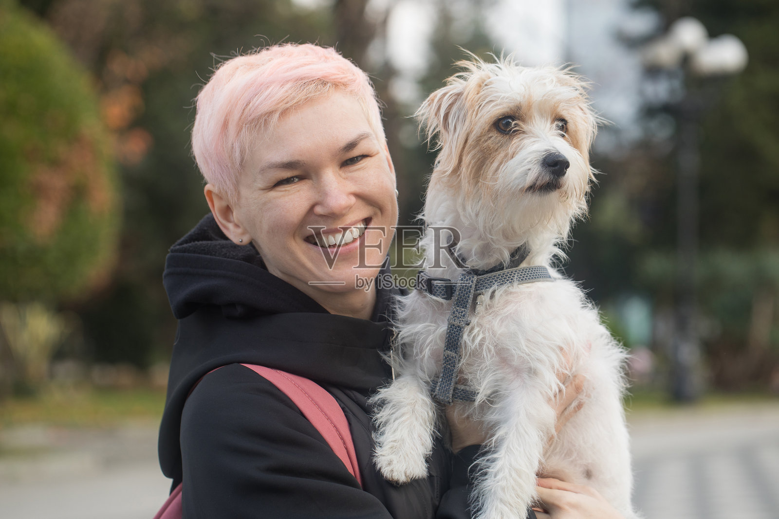 可爱的女人在户外与宠物狗玩得很开心照片摄影图片