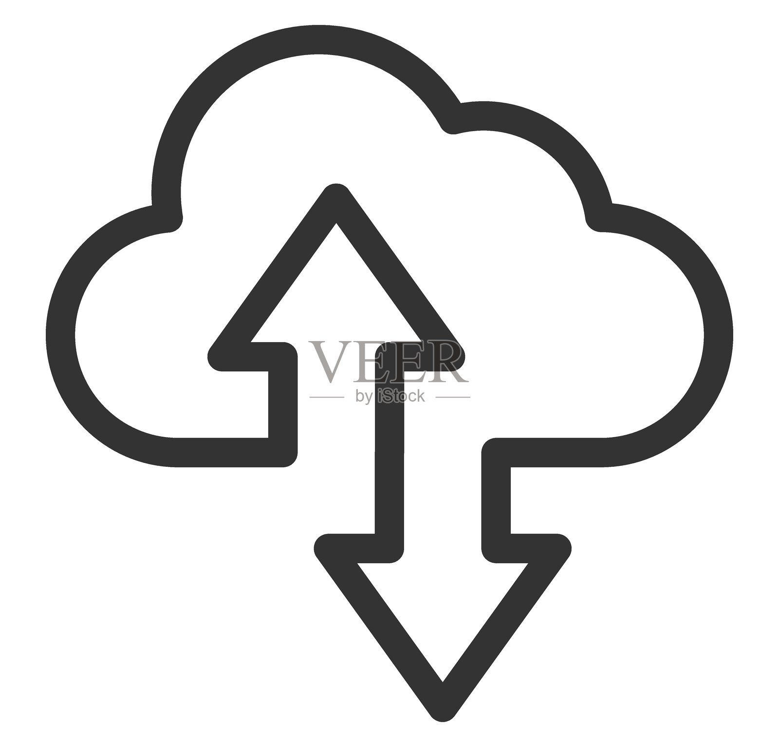 干净的线条图标描绘了带有上下箭头的云数据传输。象征着交换、同步、备份和连接。非常适合用于网页、应用设计和信息图表。插画图片素材