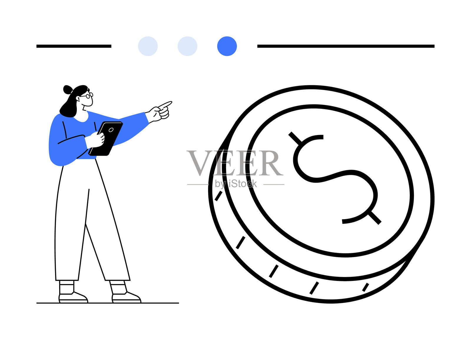 商务女性指着带有美元符号的大硬币，采用极简风格插画图片素材