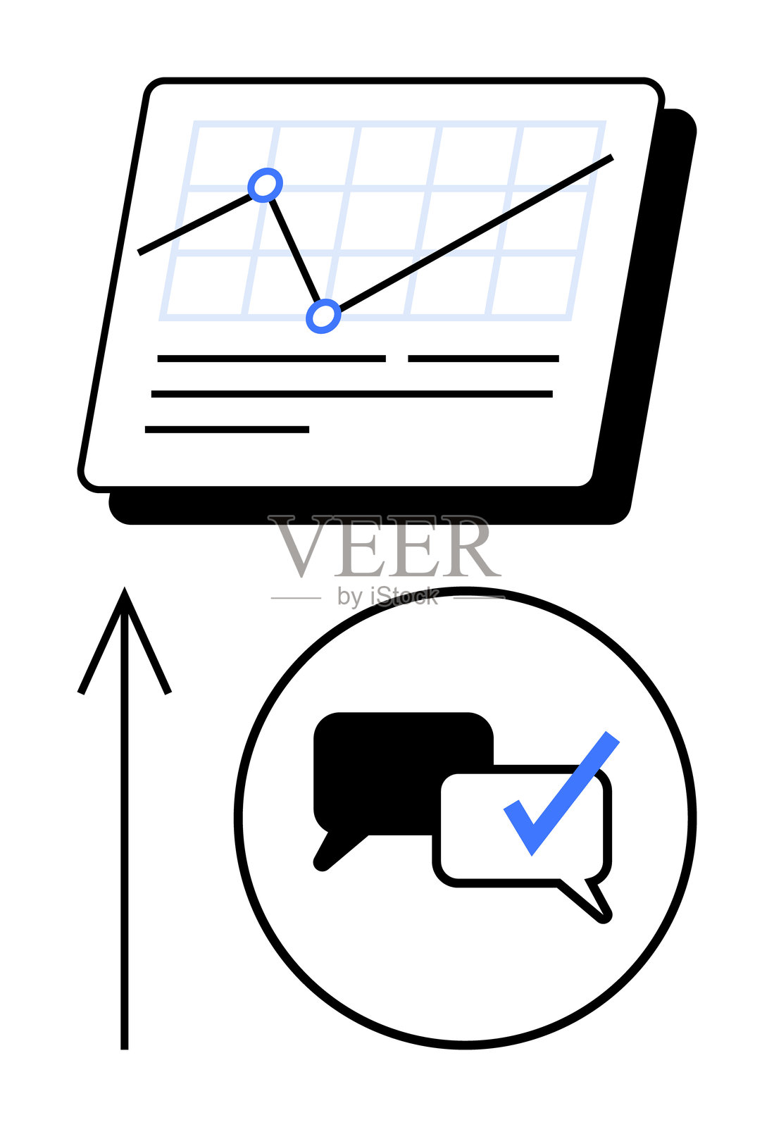 带有圆形框的向上趋势图和带勾选标记的交流气泡插画图片素材