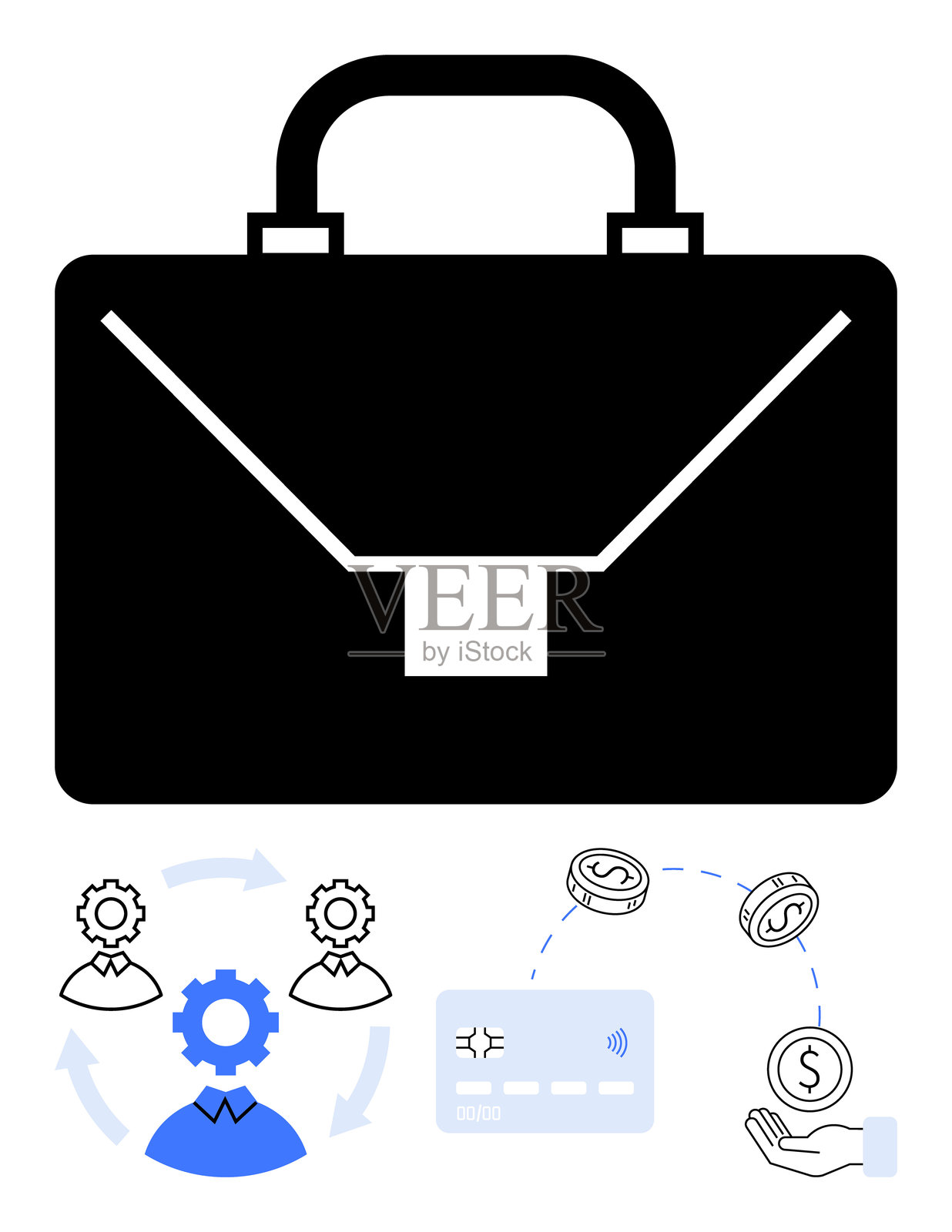 黑色公文包，带有财务和商业管理图标，如齿轮、信用卡和美元符号插画图片素材