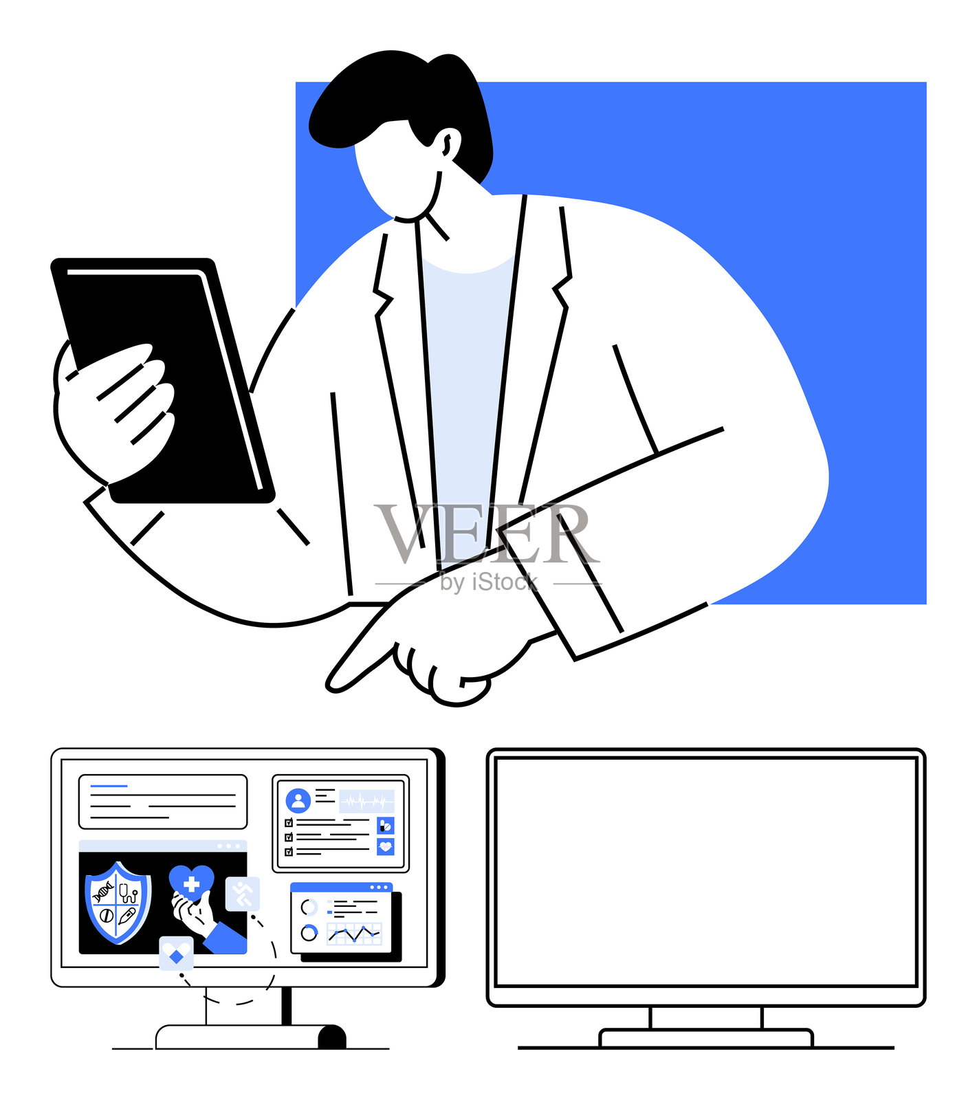 商人正在平板电脑上分析数据，同时与计算机屏幕互动插画图片素材