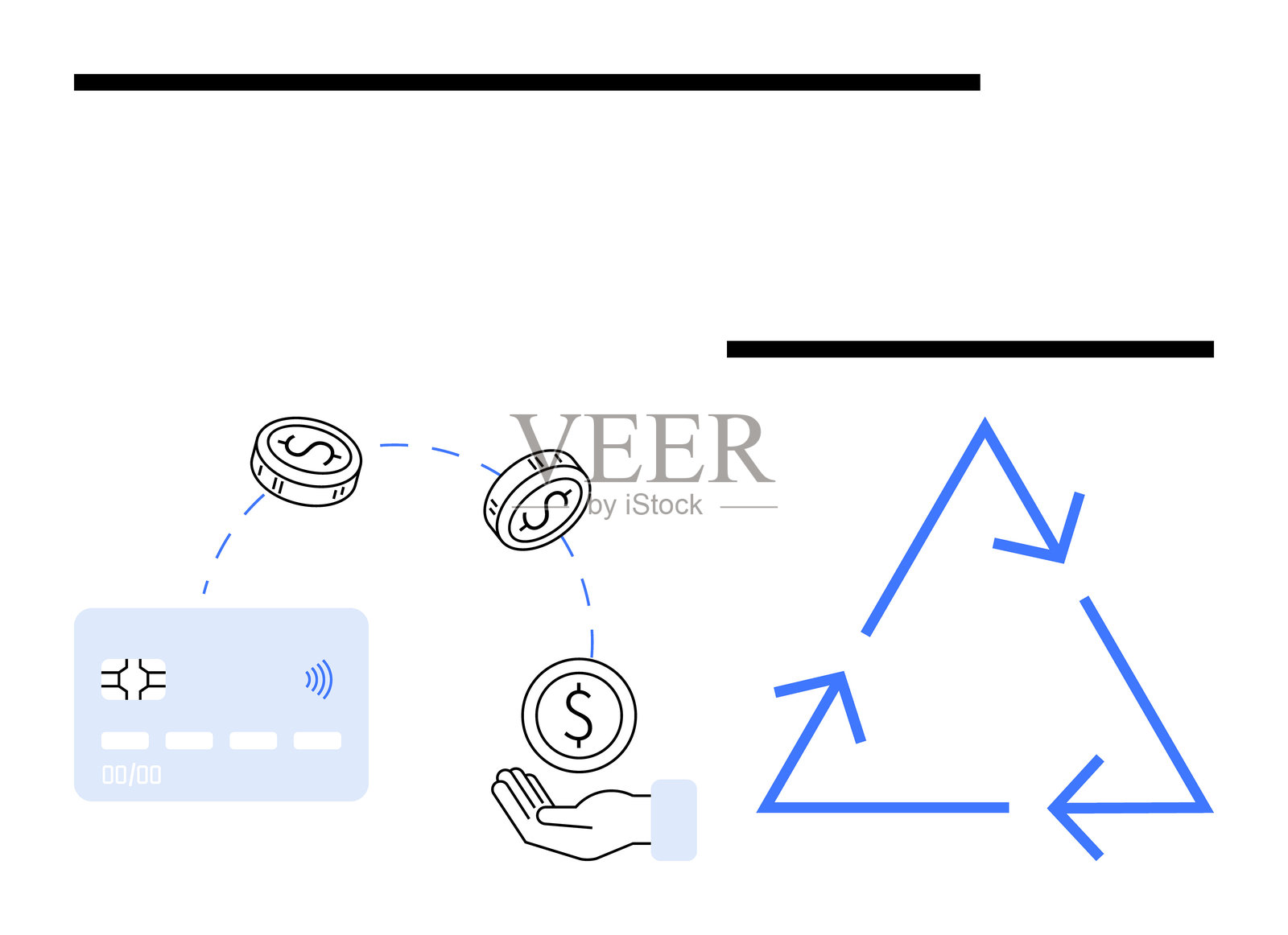 金融交易概念，包含信用卡、手、硬币和蓝色回收箭头符号插画图片素材