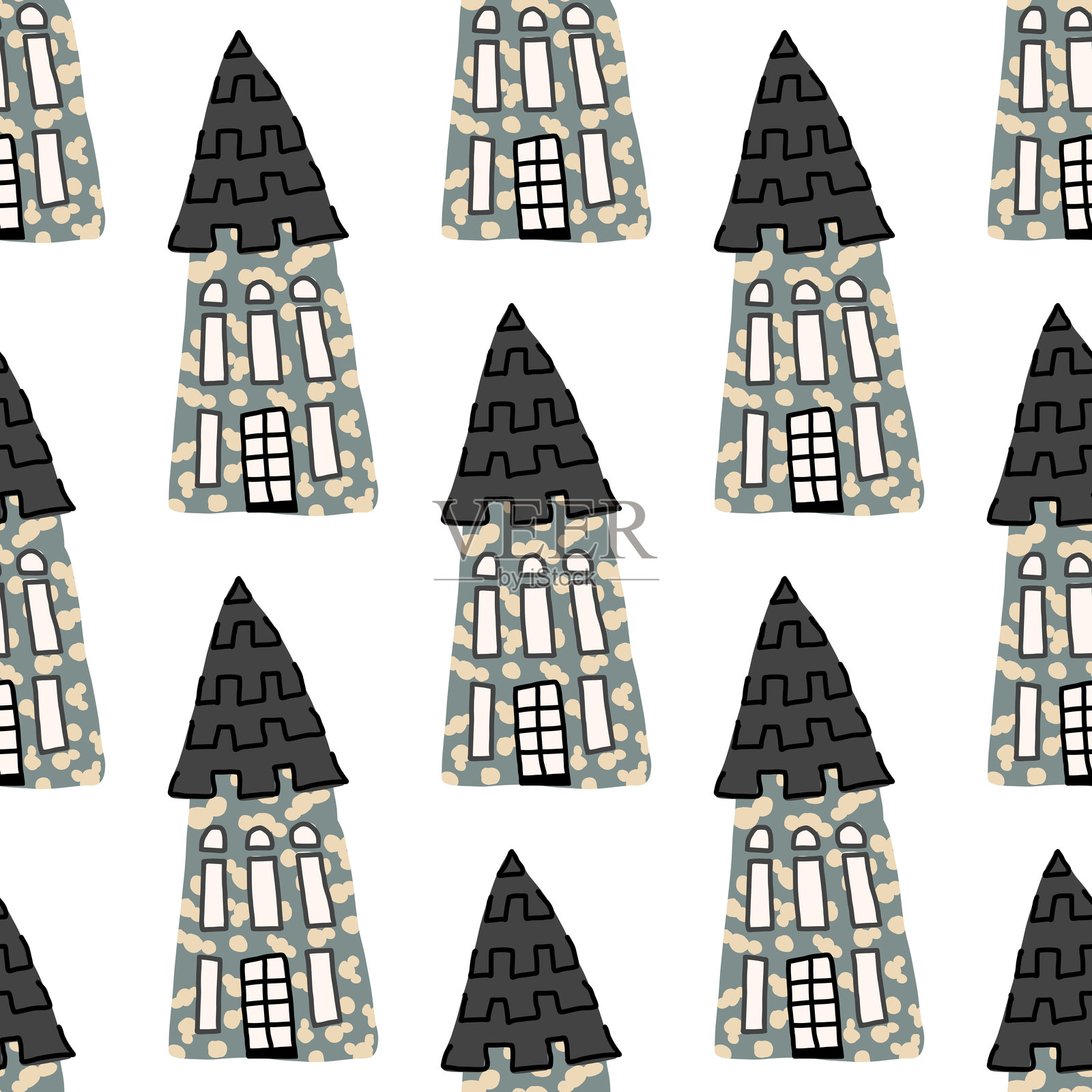 无缝的奇幻图案，描绘了尖顶屋顶的童话城堡房屋，手绘风格，充满童趣。插画图片素材