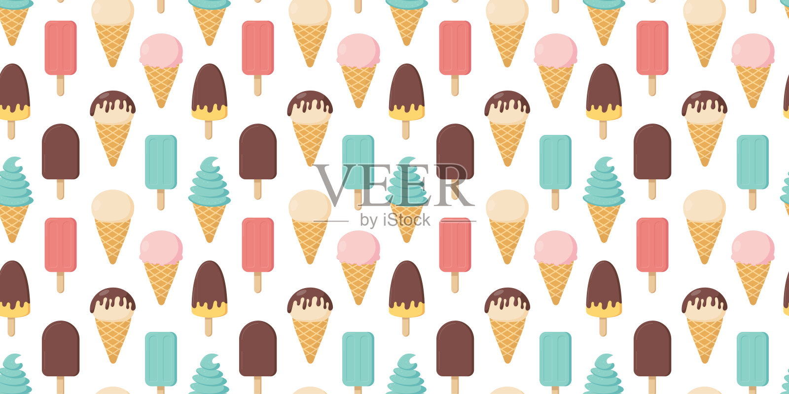 不同冰淇淋的无缝图案。甜美的夏日美食。适用于面料、壁纸、卡片和海报的扁平风格设计。矢量插图插画图片素材