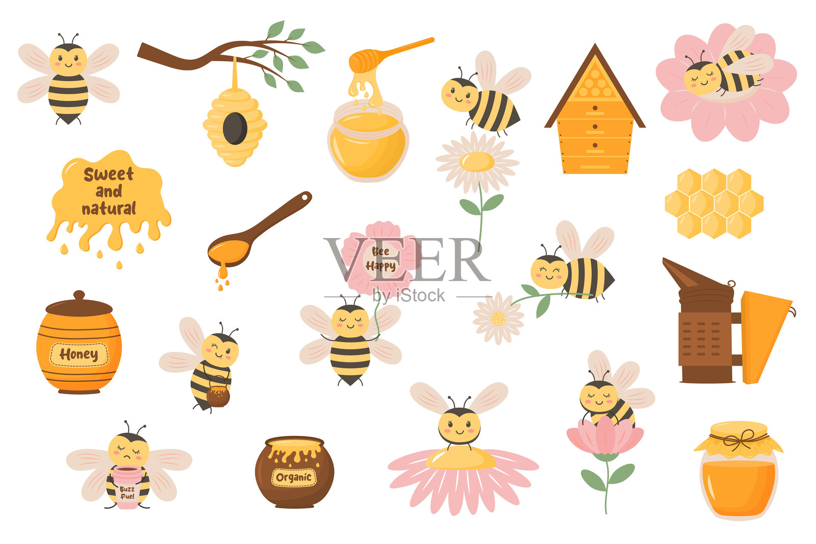 养蜂卡通套装。可爱的蜜蜂、蜂巢、蜂蜜、洋甘菊、蜂窝和其他元素的集合。插画图片素材