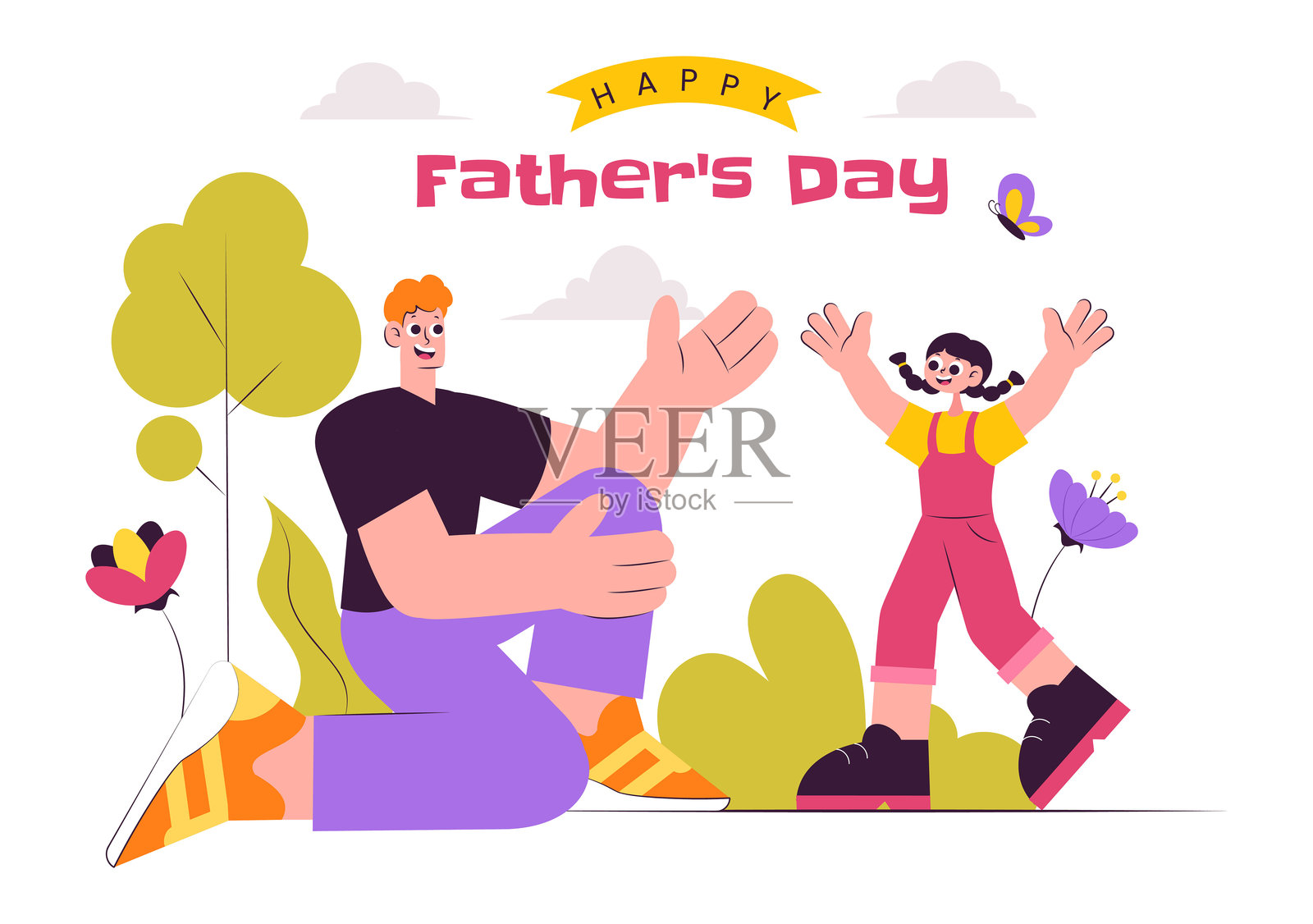 父亲节快乐矢量插图，展示父亲与儿子或女儿在平面风格卡通背景中一起玩耍，日期为6月15日。插画图片素材