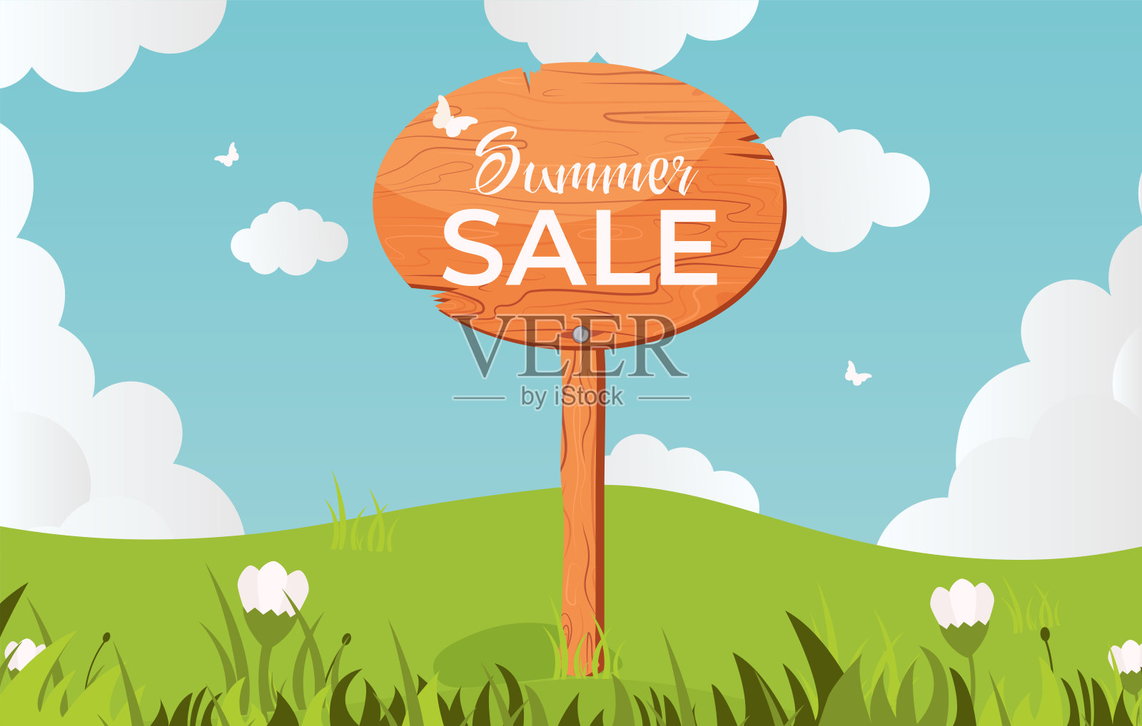 夏季促销，卡通木制招牌位于草地上。带有云朵、花朵、草地、蝴蝶和信息板的夏季横幅。夏季促销模板。插画图片素材