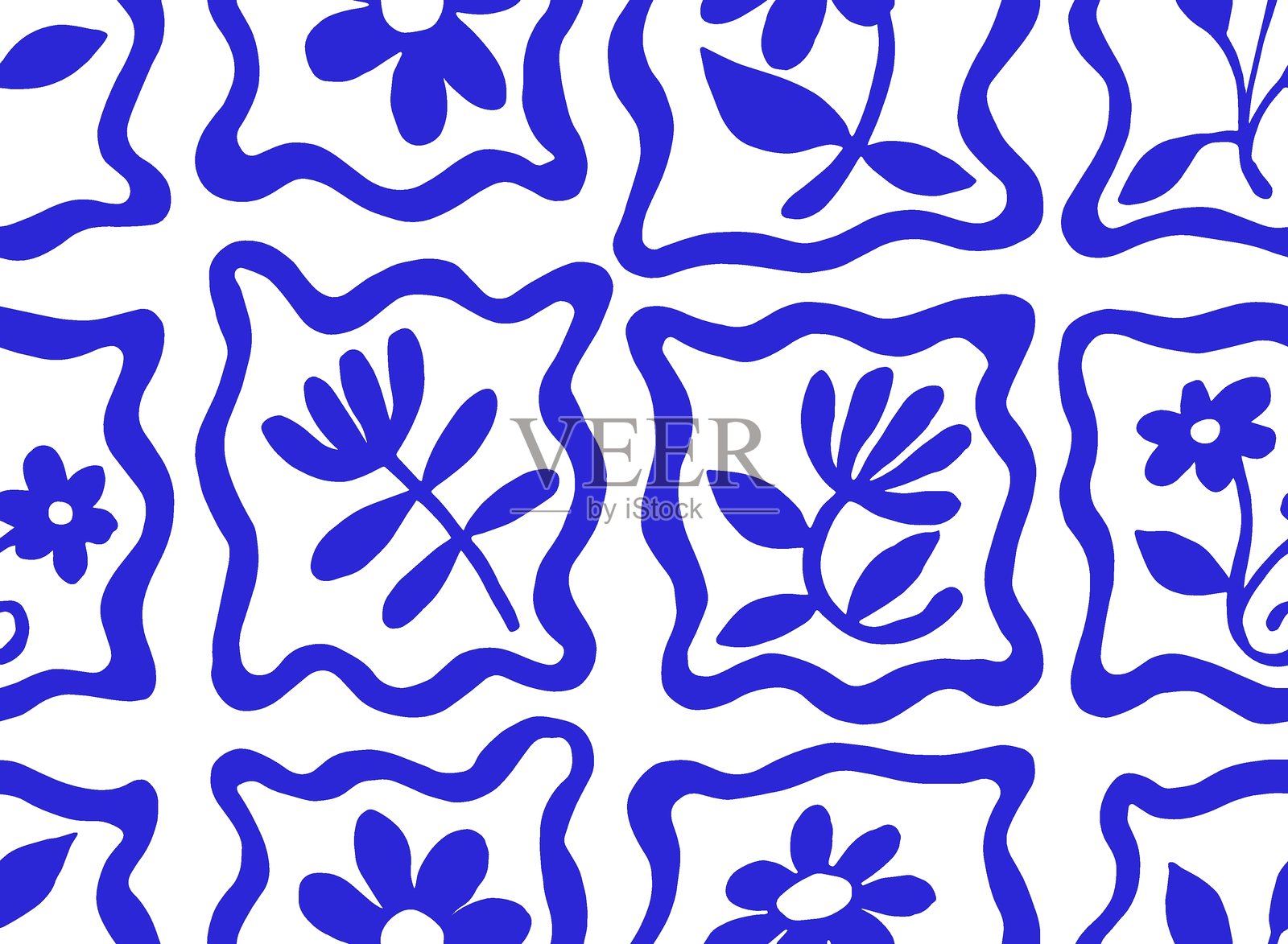 现代瓷砖图案的无缝矢量图，带有蓝色花朵和装饰元素插画图片素材