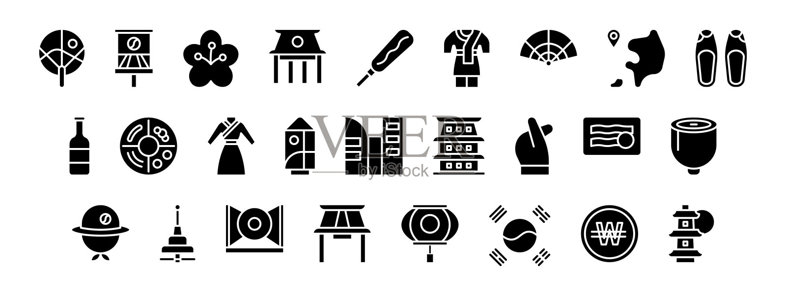 韩国文化象征通过艺术、美食和社区活力庆祝传统遗产，呈现出色彩斑斓的展示。插画图片素材