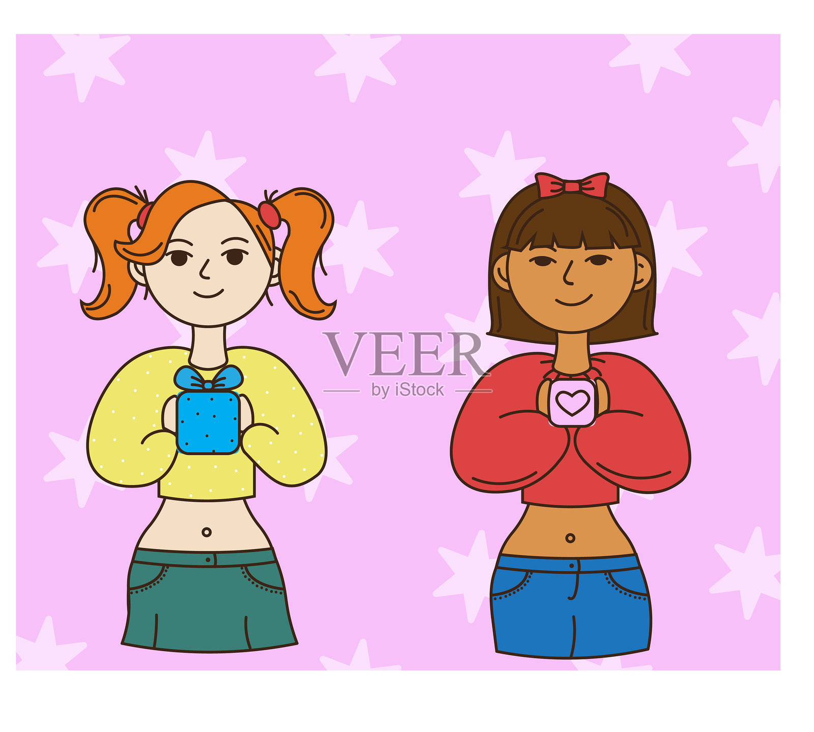 两个女孩手持礼物，穿着夏季衣服的女孩拿着一个礼物，卡通女孩，扁平角色，肤色较深的女孩插画图片素材