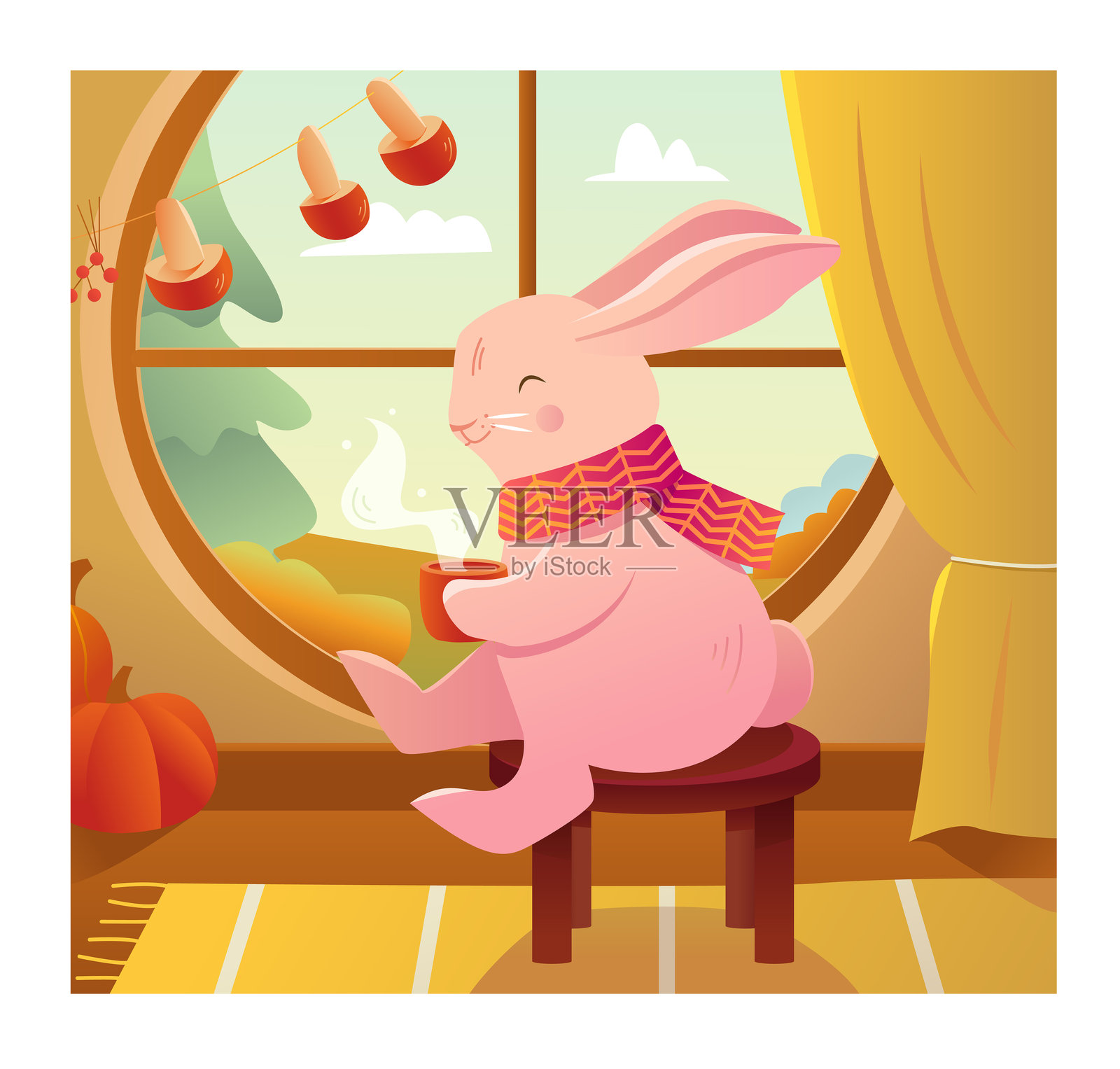 可爱的兔子坐着喝茶。秋季角色。温馨的氛围。卡通风格的季节性矢量插图。插画图片素材