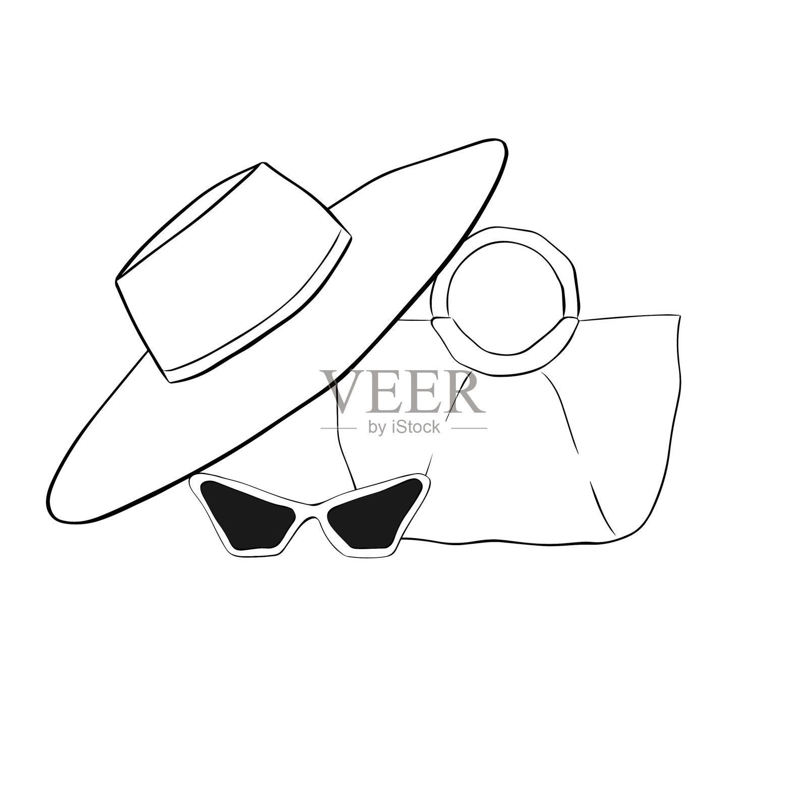 沙滩手提包、沙滩帽、太阳镜的组合，矢量图形线条墨水插图，用于广告、宣传、海报、沙滩派对邀请、背景、广告、促销、T恤印刷插画图片素材