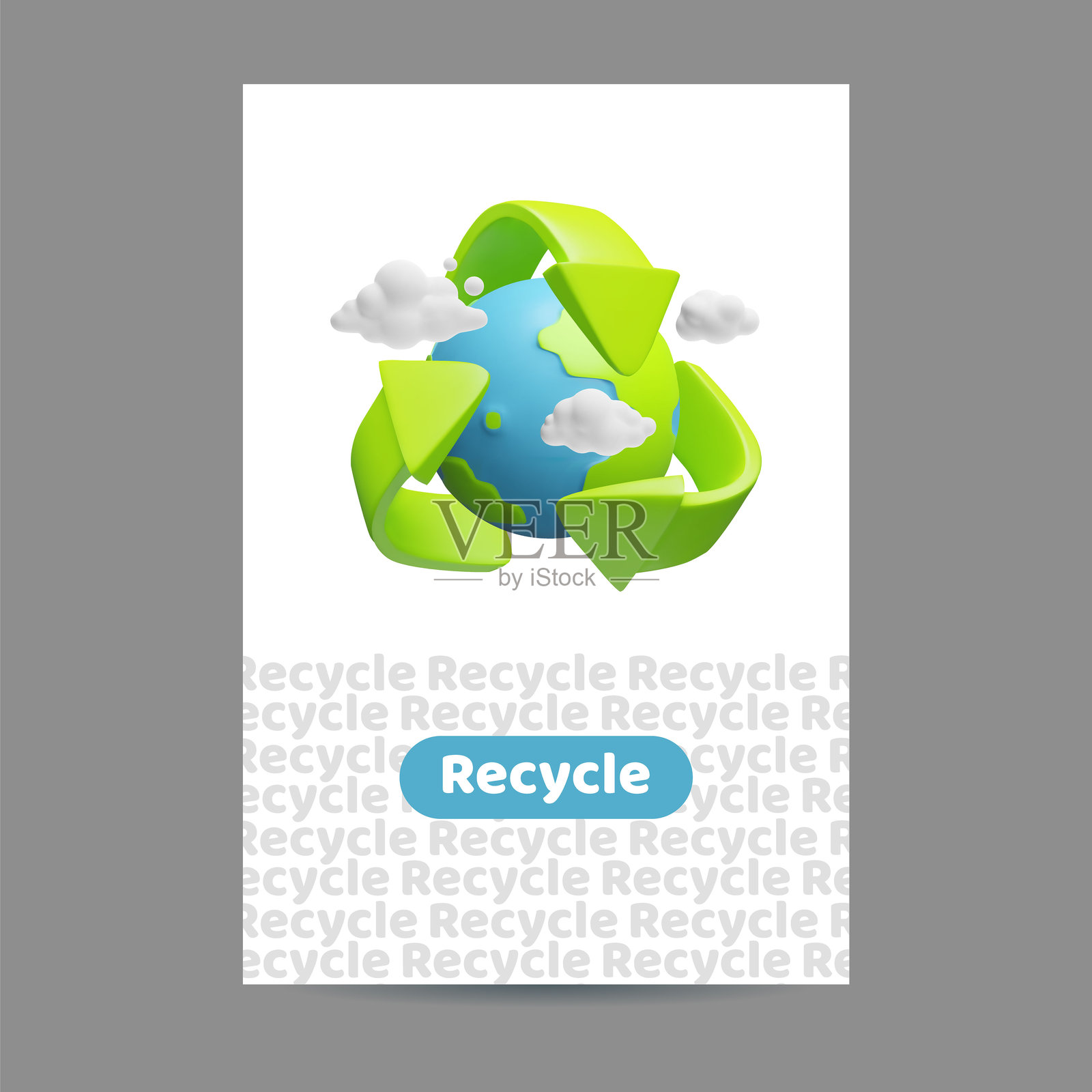 地球在回收标志中的3D卡通矢量海报，回收环保符号绿色树木箭头，生态概念插画图片素材